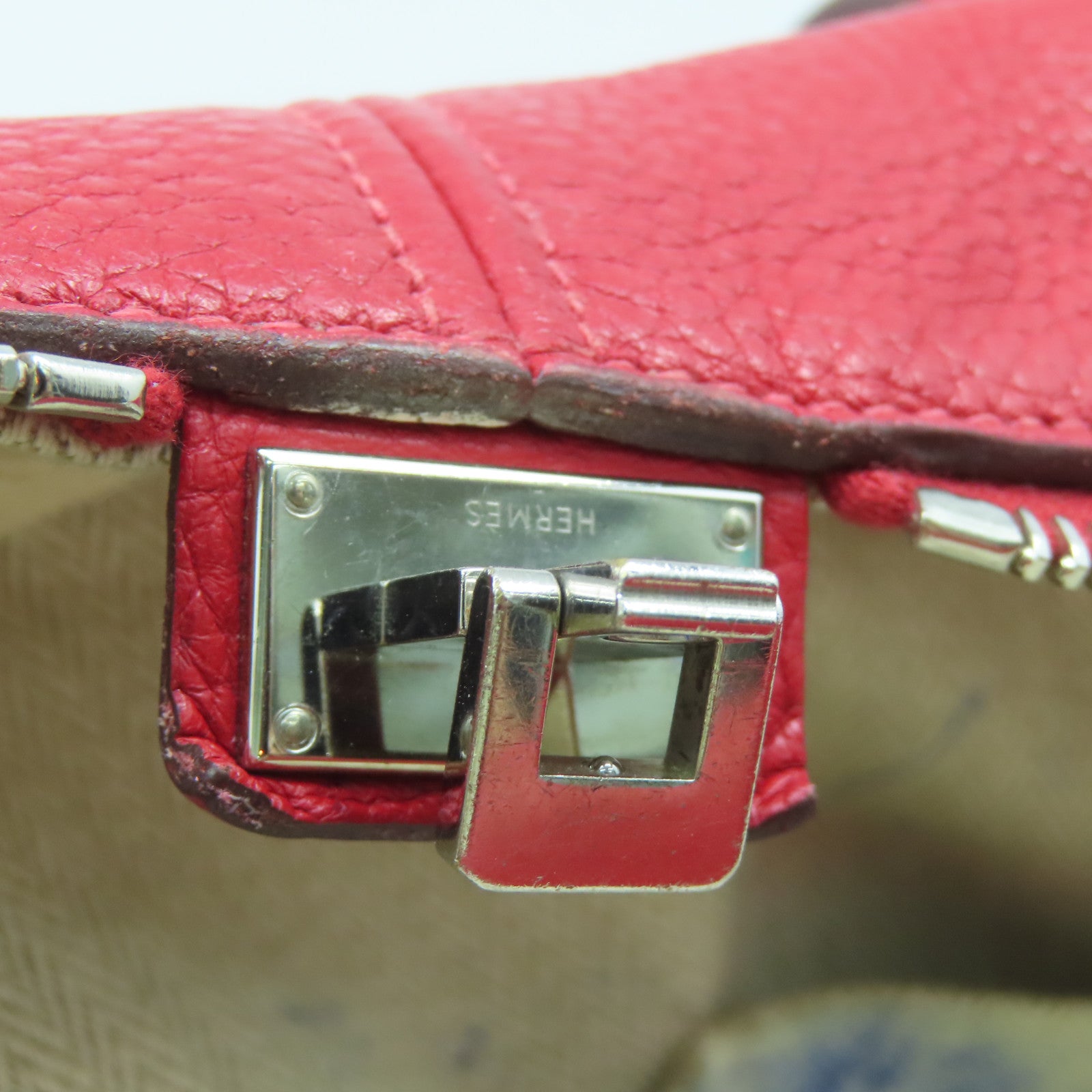 HERMES Clemence Leather Victoria Silver Buckle Bag Red