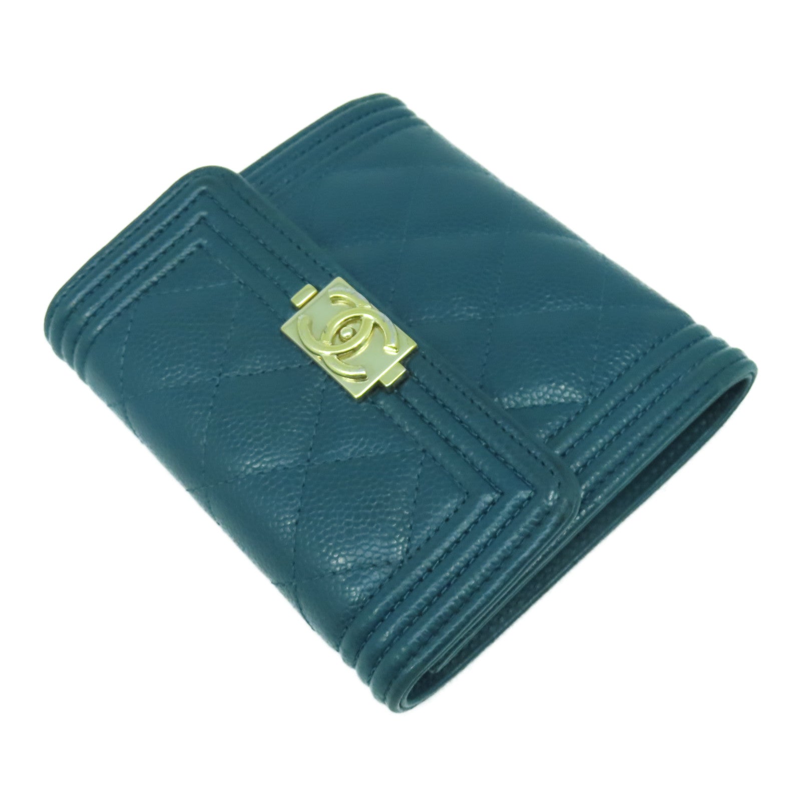 CHANEL 菱格Caviar皮革Chanel Boy Wallet金扣錢包綠色