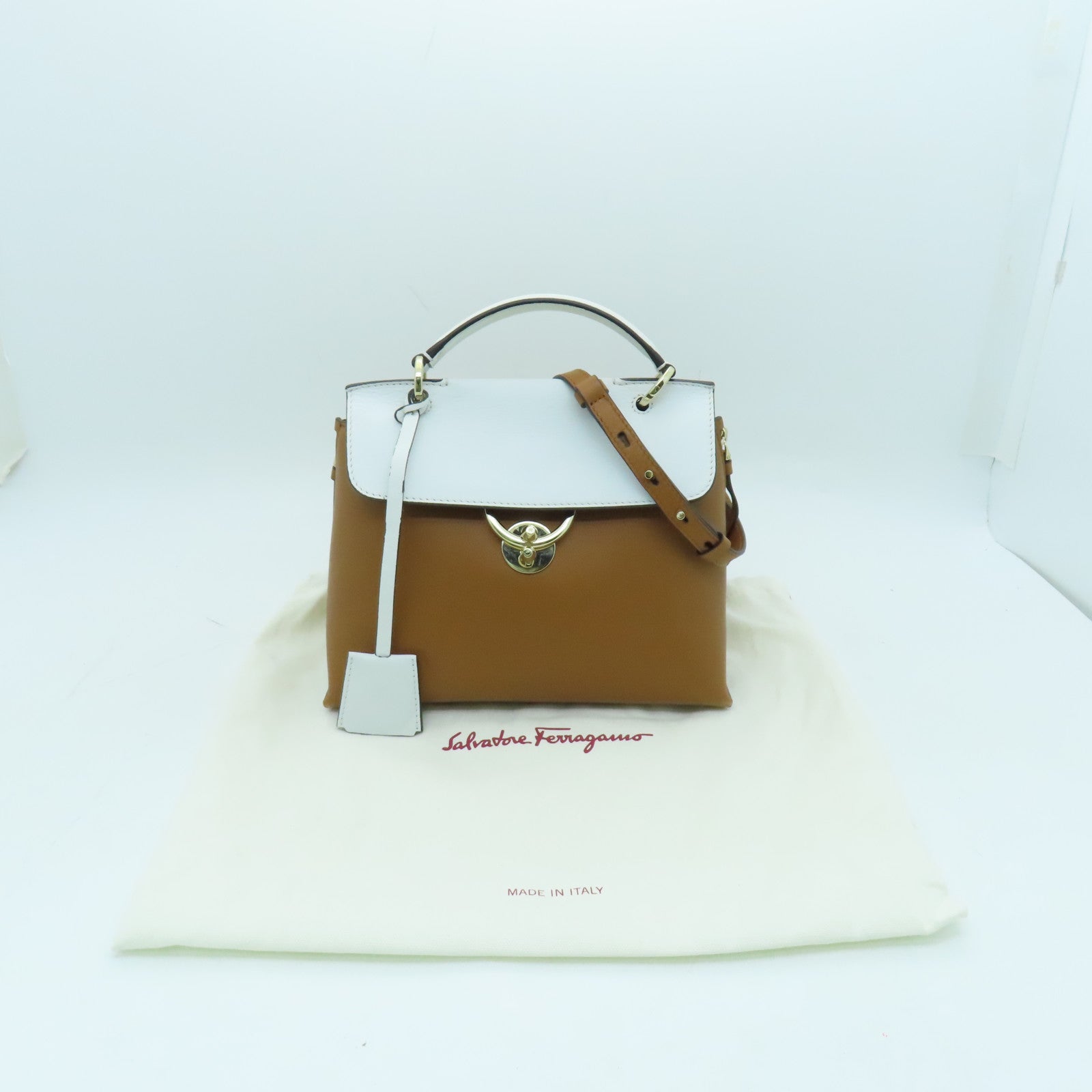 Salvatore Ferragamo Cowhide Leather 2 Way Shoulder Gold Buckle Handle Shoulder Bag Brown/White