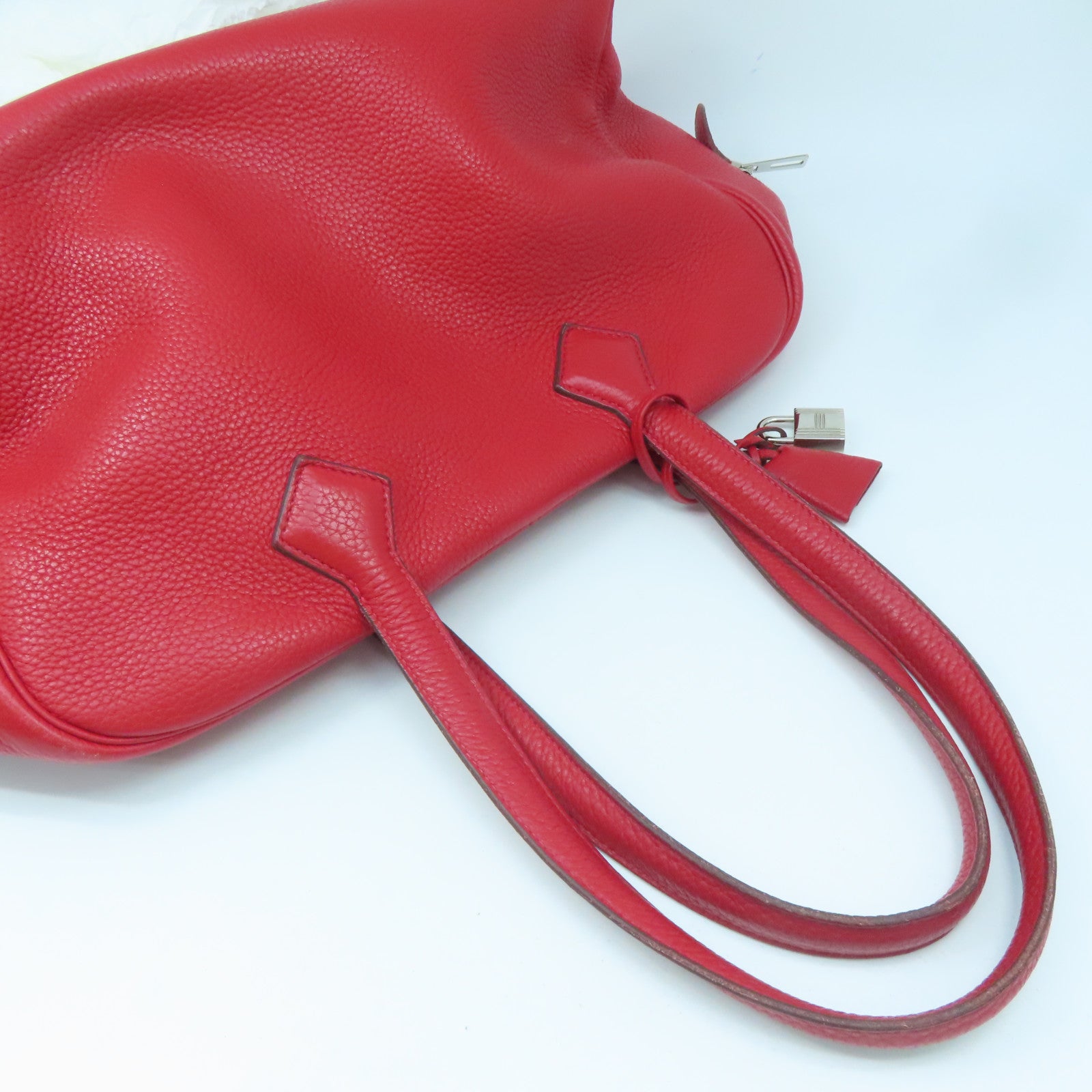 HERMES Clemence Leather Victoria Silver Buckle Bag Red