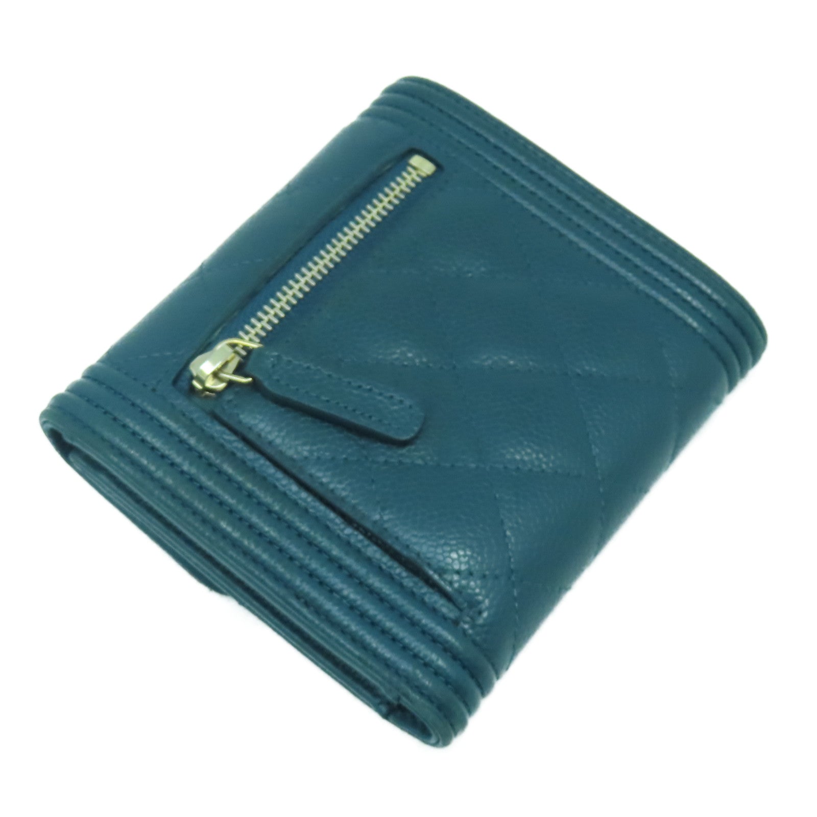 CHANEL 菱格Caviar皮革Chanel Boy Wallet金扣錢包綠色