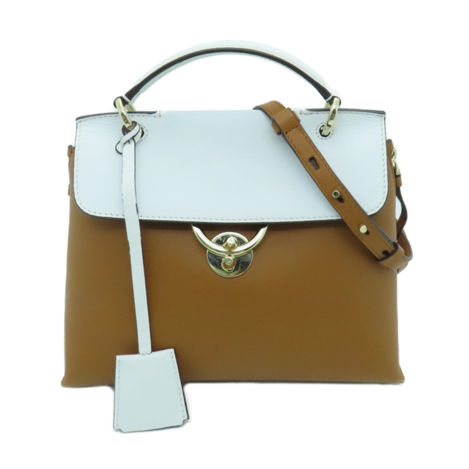 Salvatore Ferragamo Cowhide Leather 2 Way Shoulder Gold Buckle Handle Shoulder Bag Brown/White