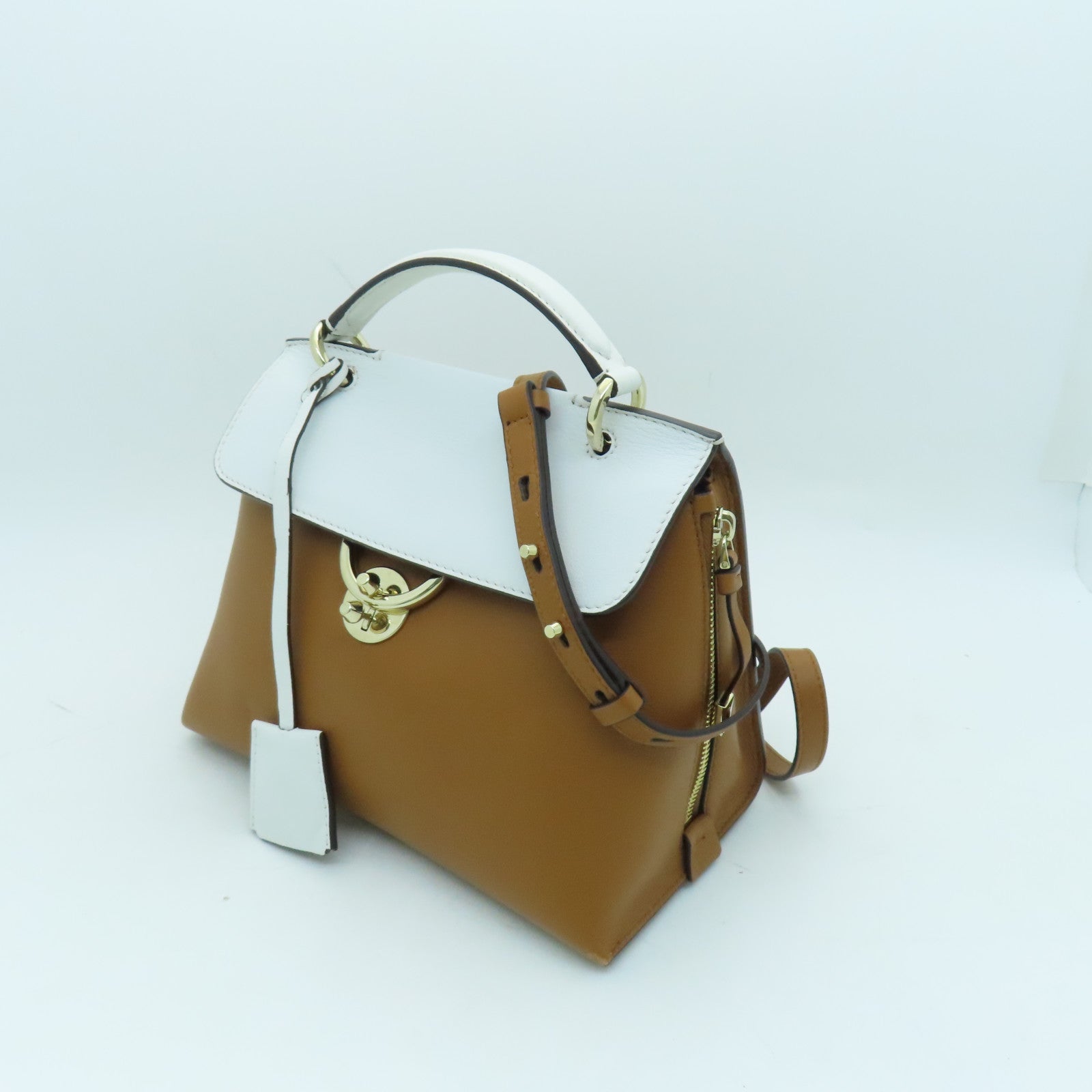 Salvatore Ferragamo Cowhide Leather 2 Way Shoulder Gold Buckle Handle Shoulder Bag Brown/White