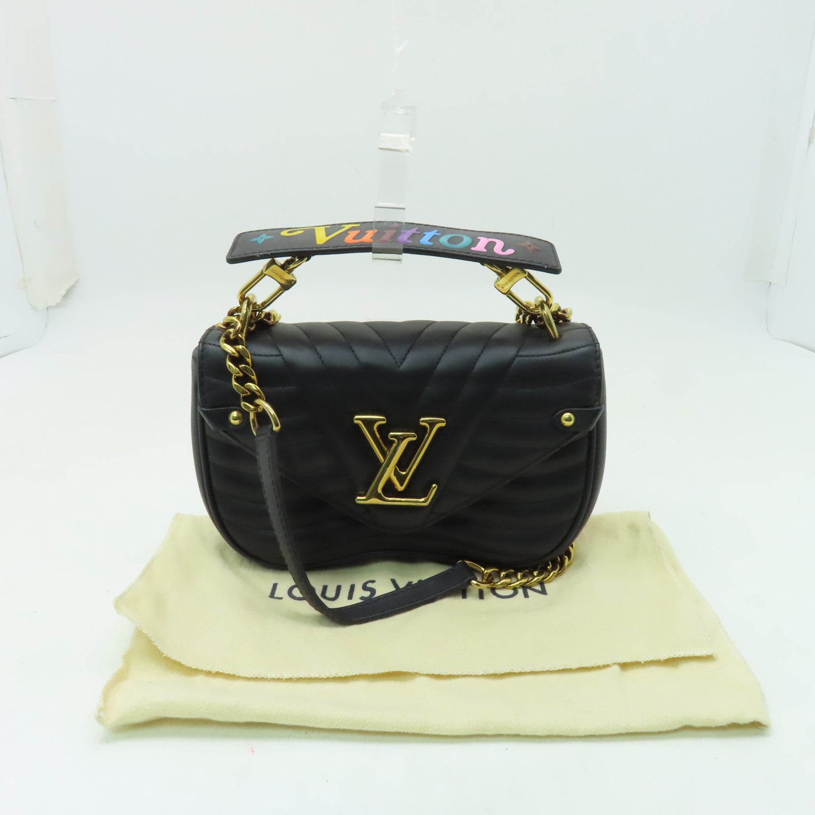 LOUIS VUITTON 皮革New Wave Chain PM金扣手挽肩背兩用袋黑色Noir