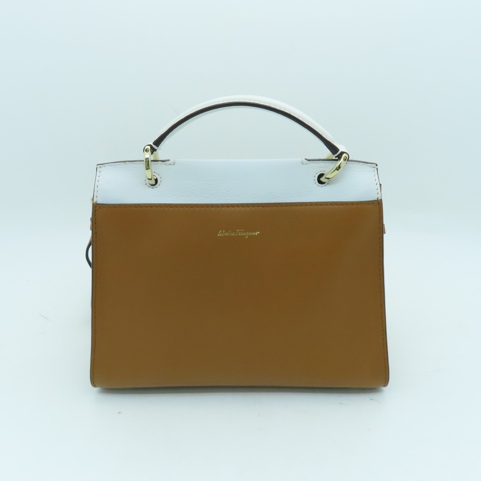 Salvatore Ferragamo Cowhide Leather 2 Way Shoulder Gold Buckle Handle Shoulder Bag Brown/White