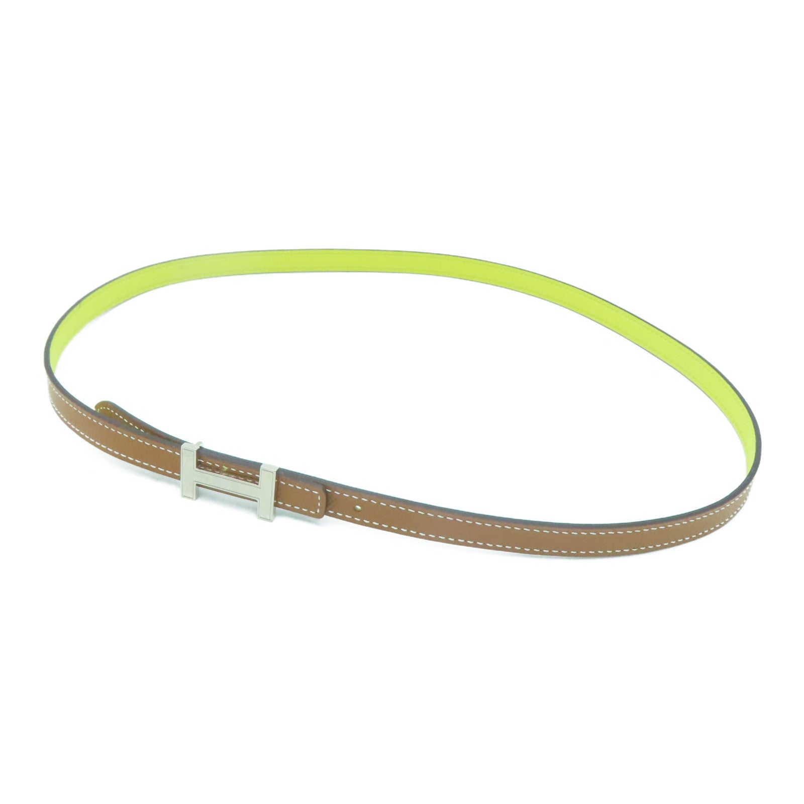 HERMES [Sharp Discount] Epsom Leather 85cm Silver Buckle Belt Silver Buckle Brown Yellow