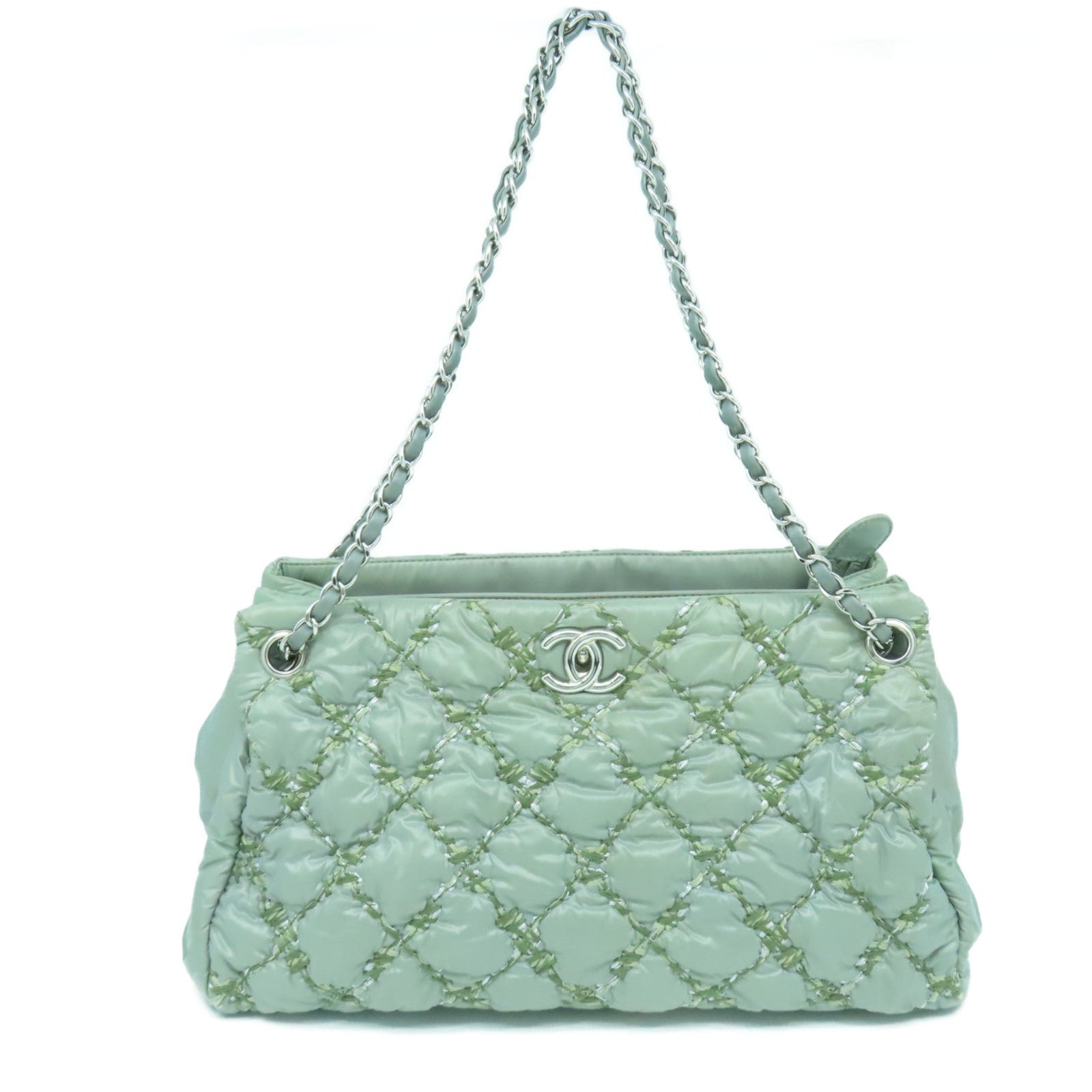 CHANEL 菱格尼龍Chain Shoulder Bag銀扣鏈帶肩背袋綠色