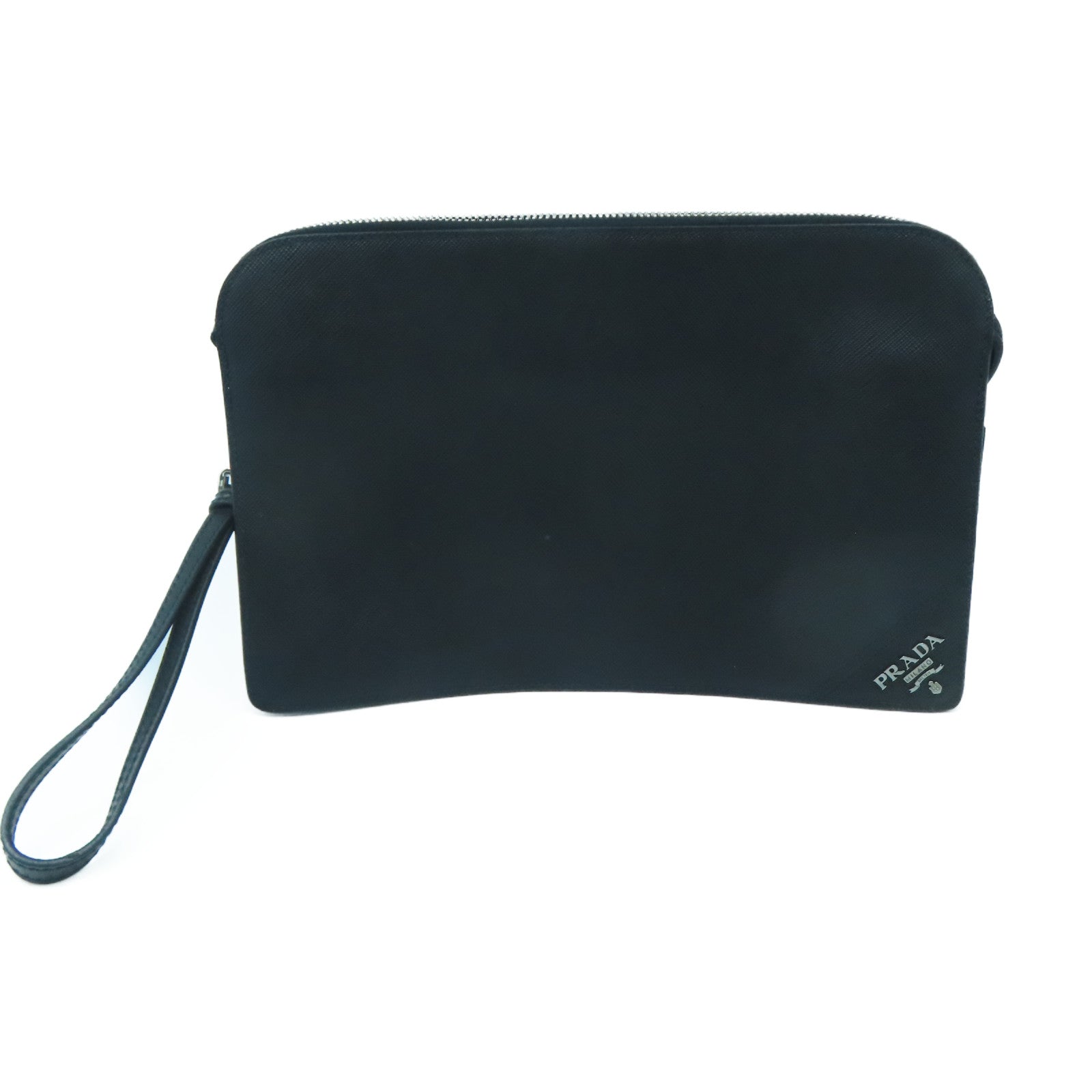 PRADA Cowhide Leather Clutch Bag Silver Buckle Clutch Black