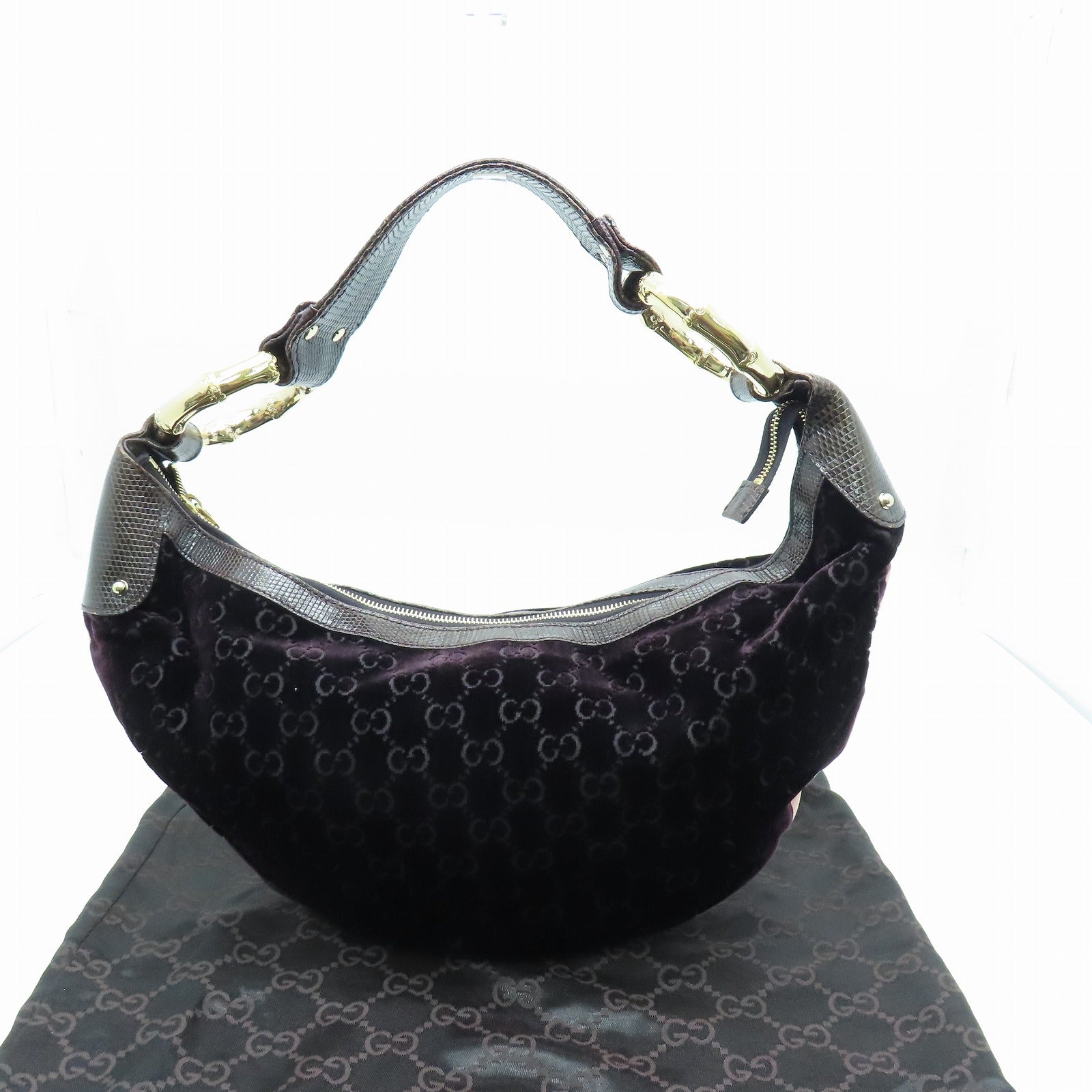 GUCCI velvet/lizard leather Handbag gold buckle hand bag wine red