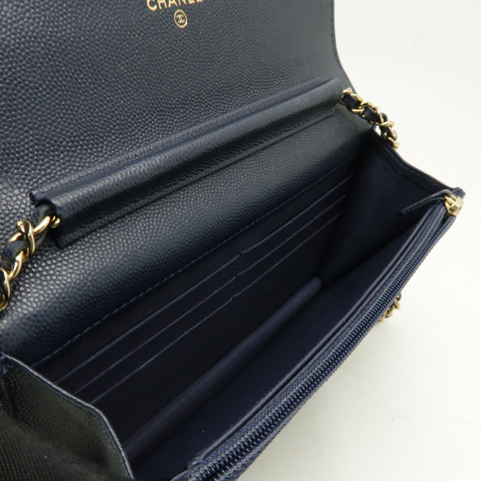 CHANEL 菱格Caviar皮革WOC Wallet On Chain金扣鏈帶肩背袋深藍色