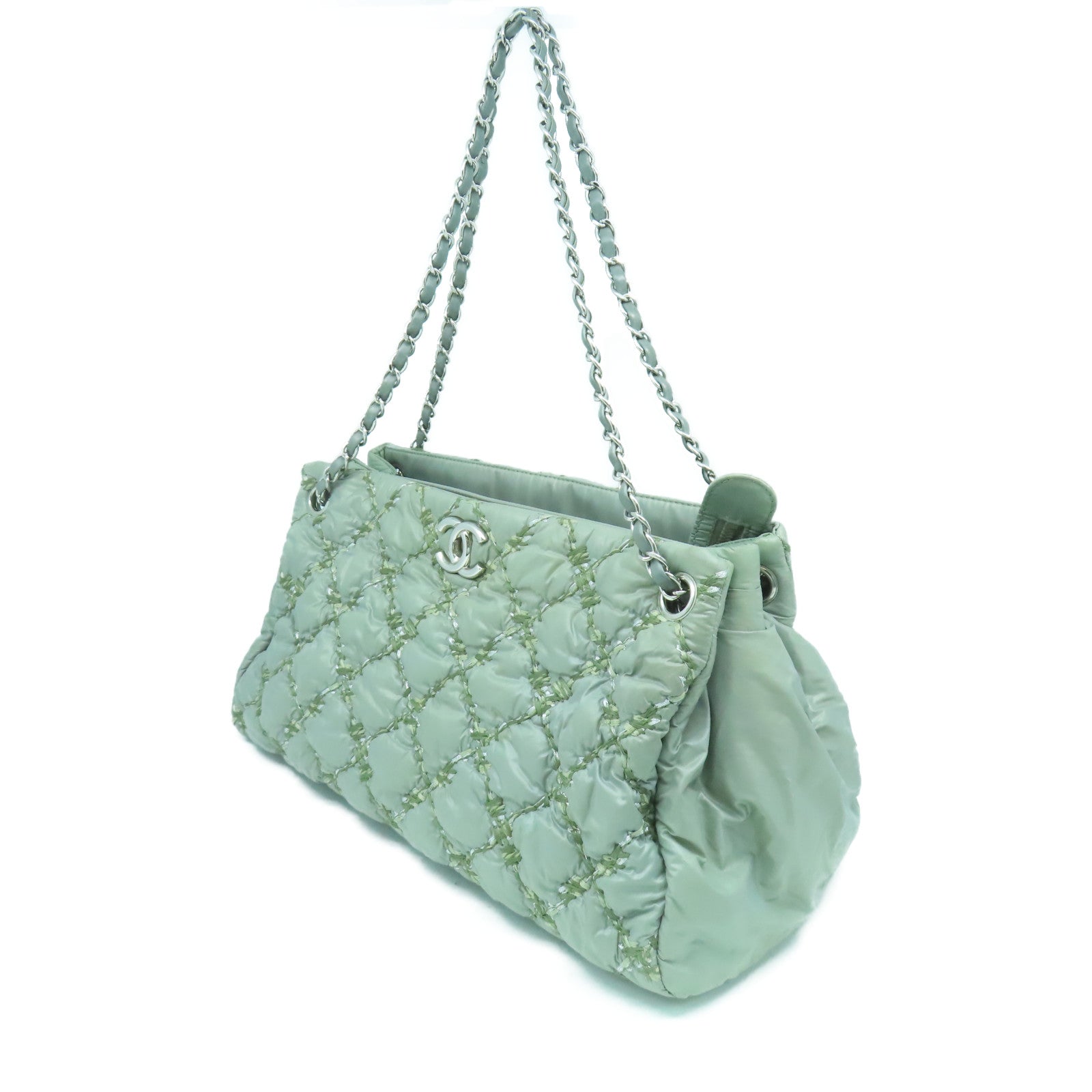 CHANEL 菱格尼龍Chain Shoulder Bag銀扣鏈帶肩背袋綠色