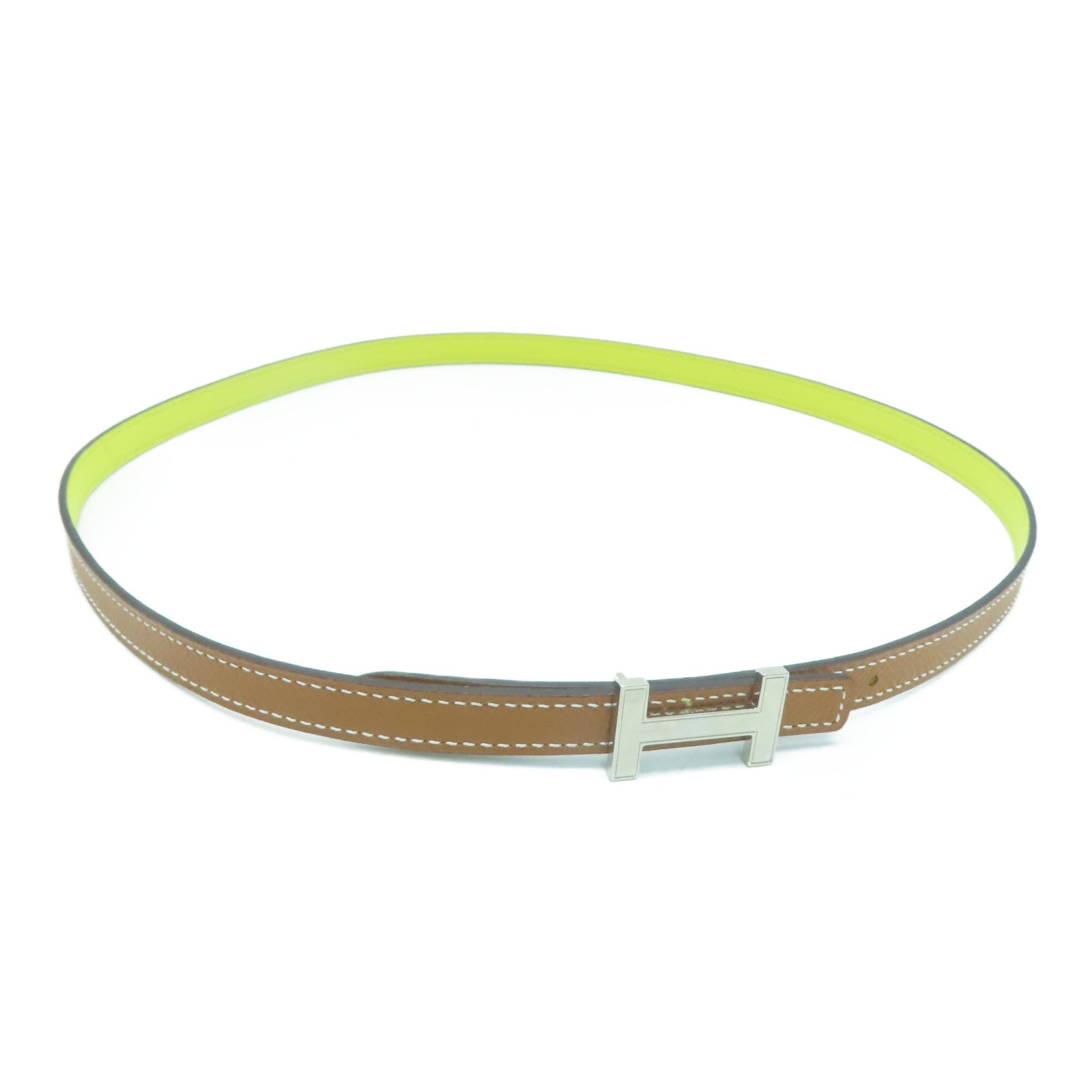 HERMES [Sharp Discount] Epsom Leather 85cm Silver Buckle Belt Silver Buckle Brown Yellow