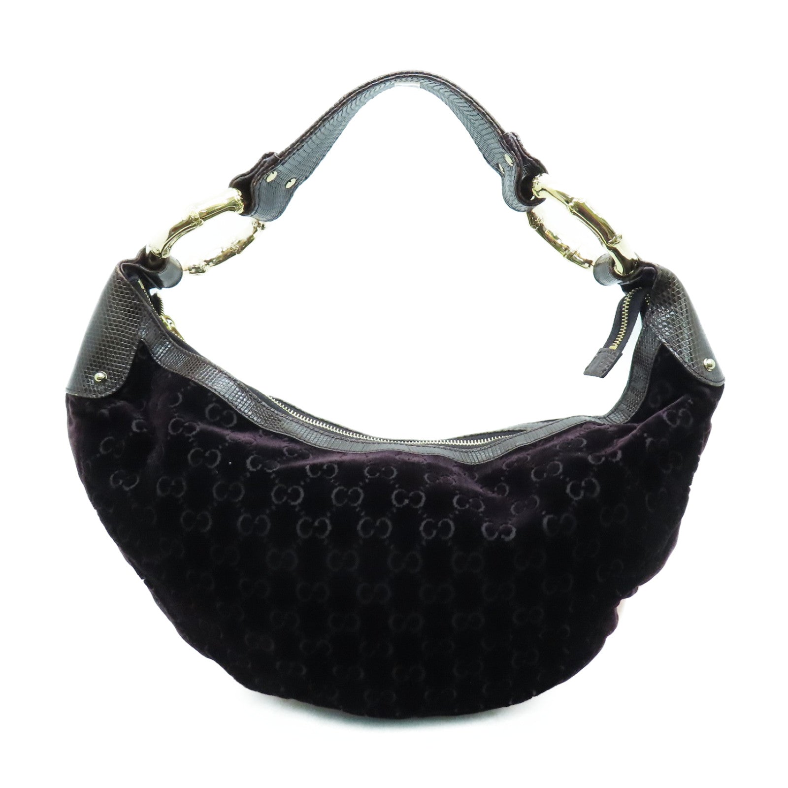GUCCI velvet/lizard leather Handbag gold buckle hand bag wine red