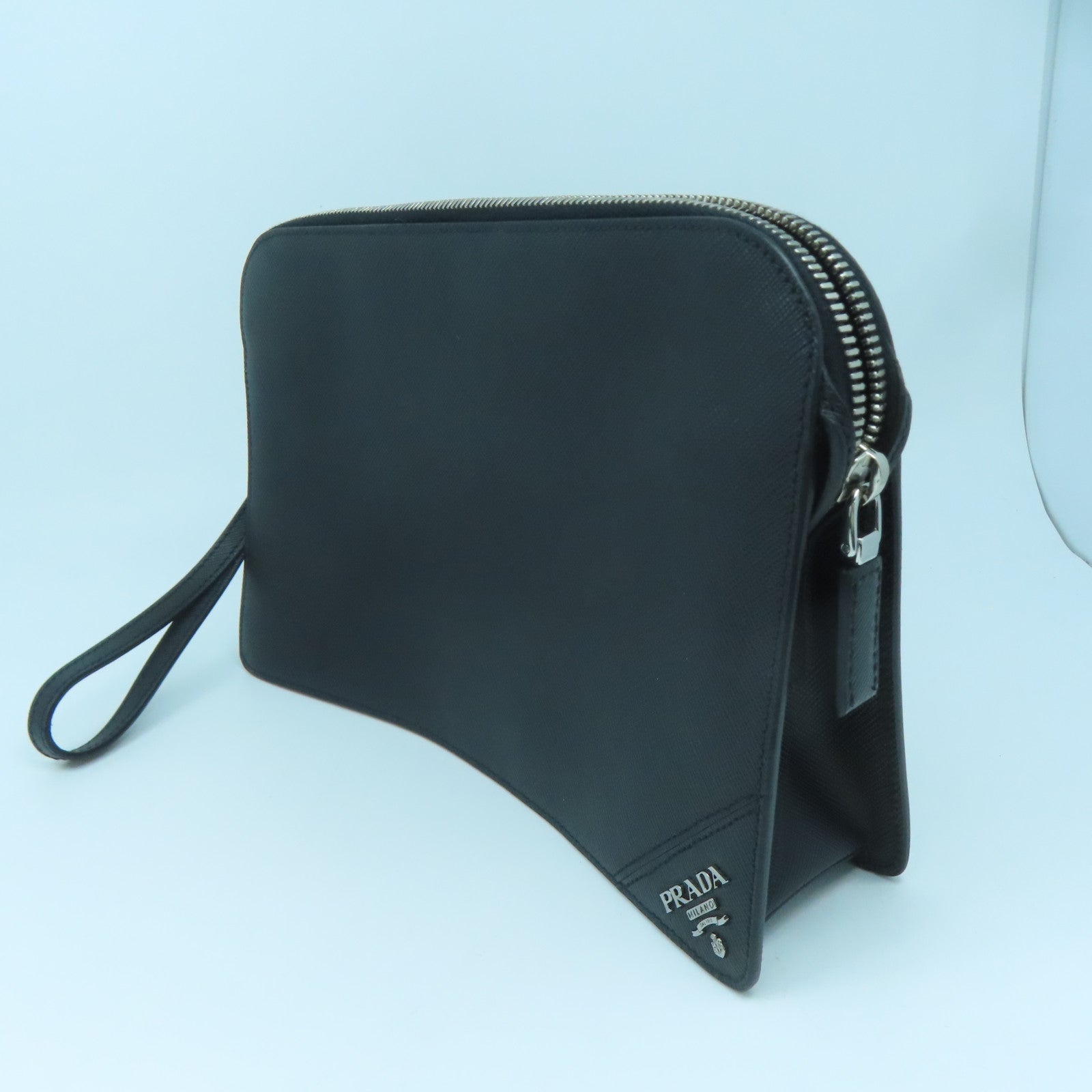 PRADA Cowhide Leather Clutch Bag Silver Buckle Clutch Black