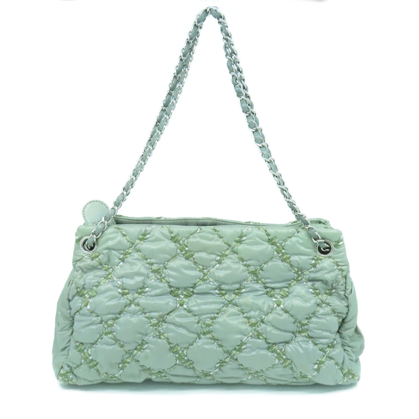 CHANEL 菱格尼龍Chain Shoulder Bag銀扣鏈帶肩背袋綠色