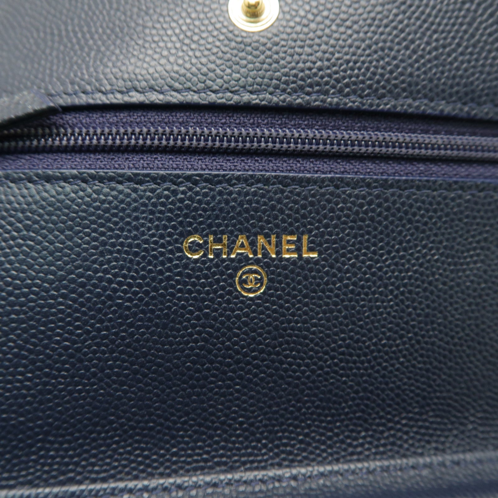 CHANEL 菱格Caviar皮革WOC Wallet On Chain金扣鏈帶肩背袋深藍色