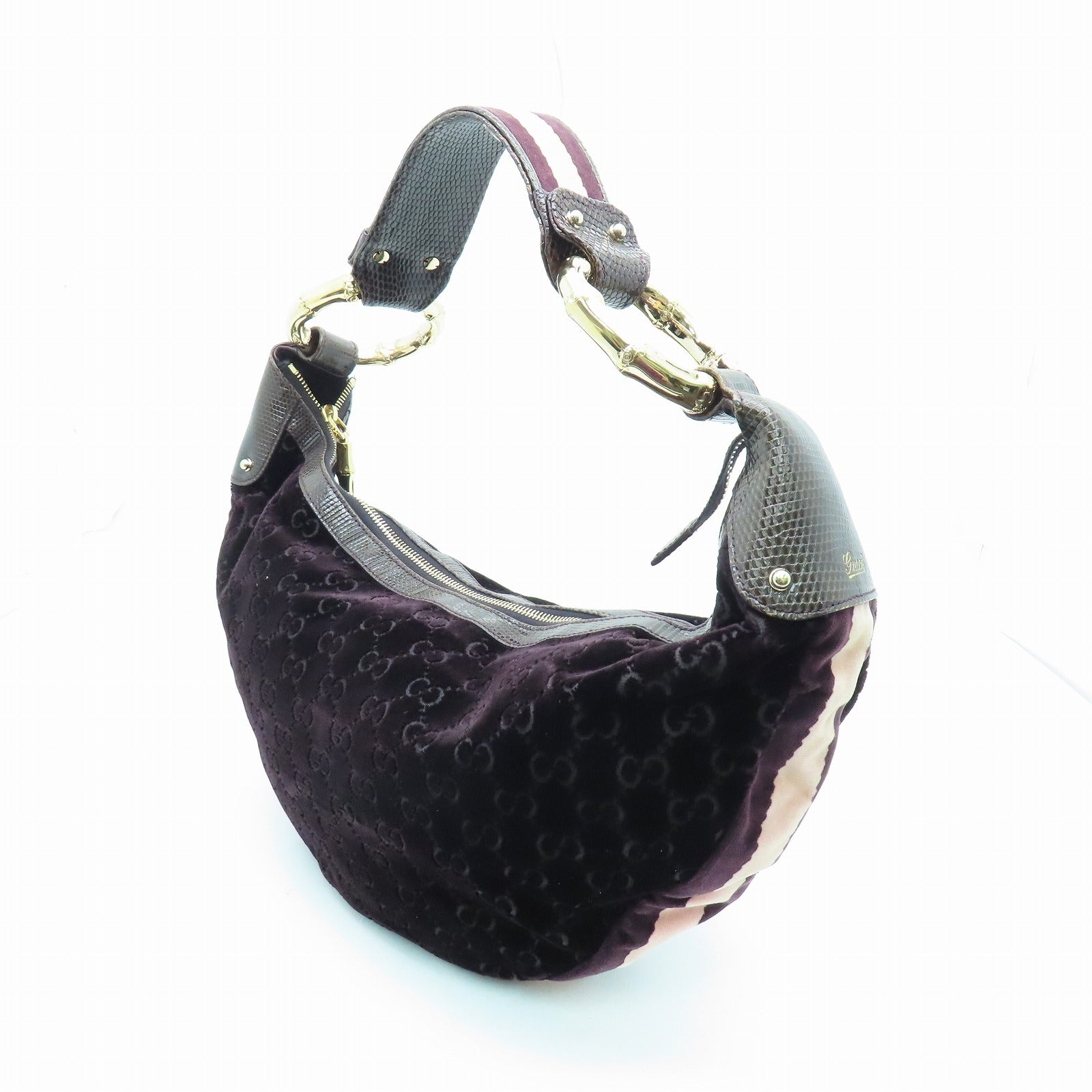 GUCCI velvet/lizard leather Handbag gold buckle hand bag wine red