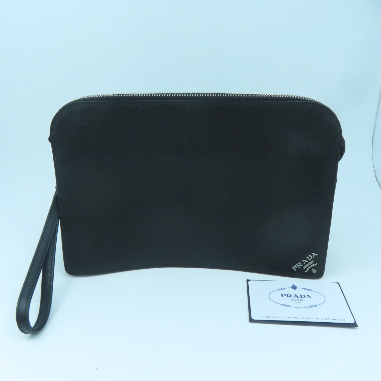 PRADA Cowhide Leather Clutch Bag Silver Buckle Clutch Black