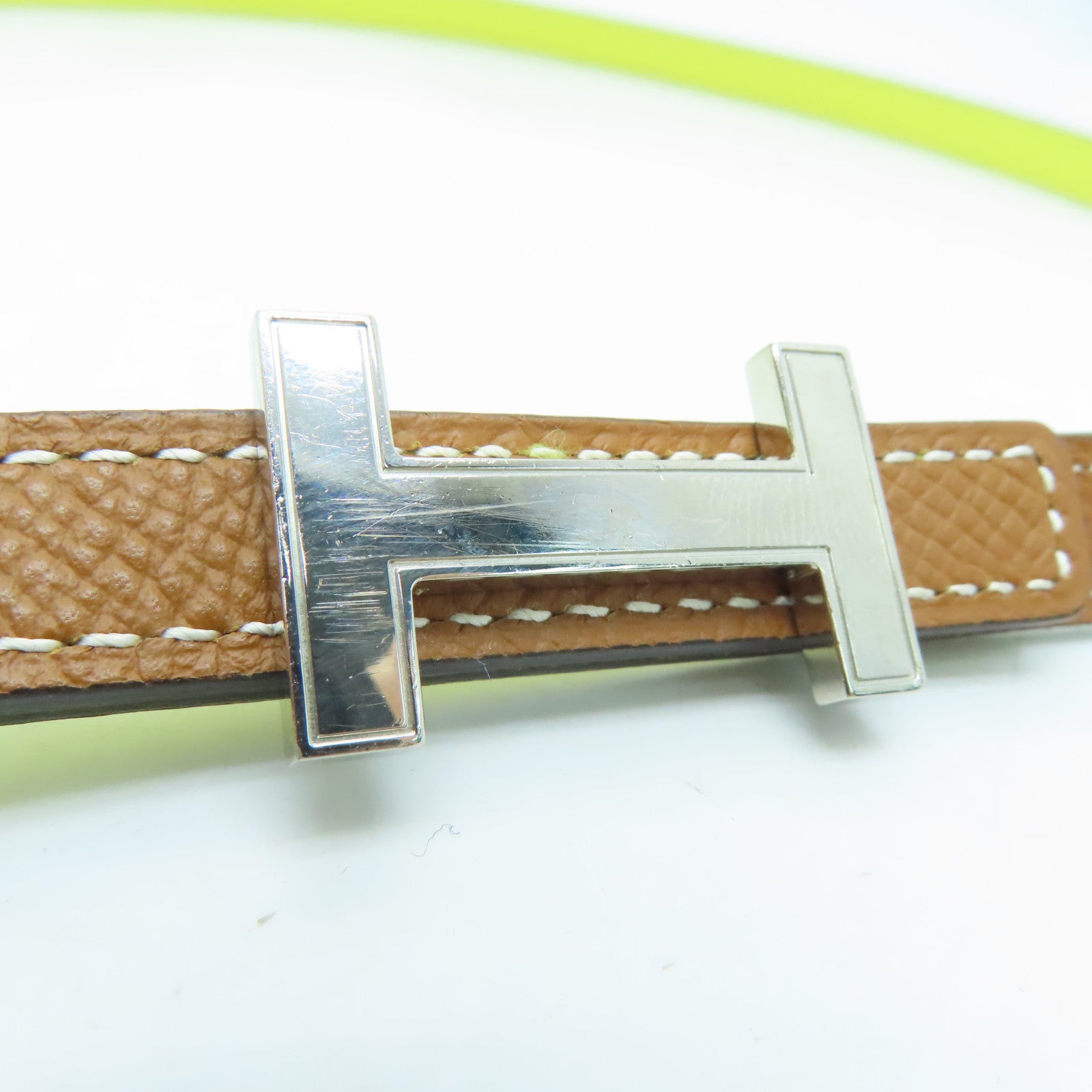 HERMES [Sharp Discount] Epsom Leather 85cm Silver Buckle Belt Silver Buckle Brown Yellow
