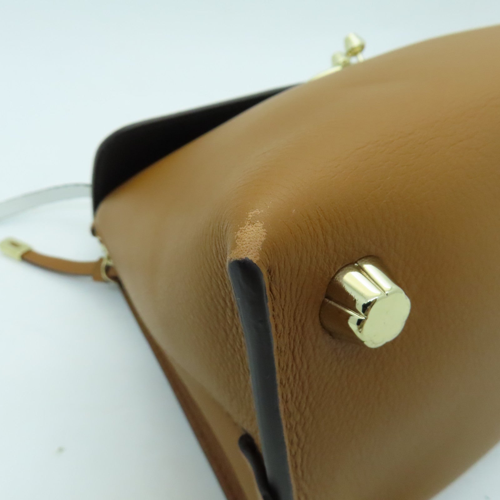Salvatore Ferragamo Cowhide Leather 2 Way Shoulder Gold Buckle Handle Shoulder Bag Brown/White