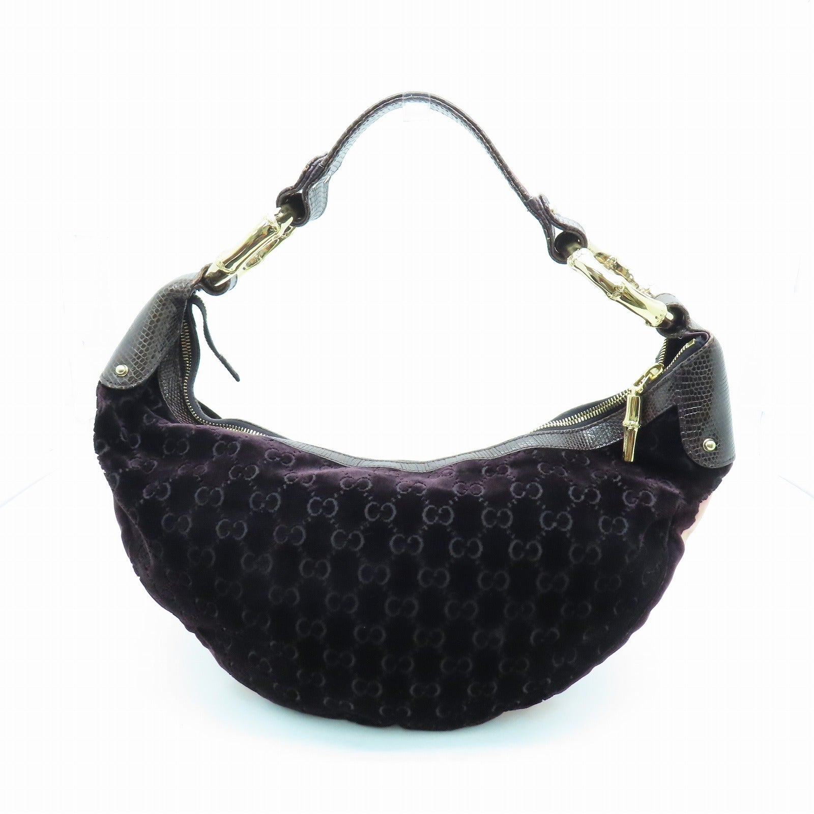 GUCCI velvet/lizard leather Handbag gold buckle hand bag wine red