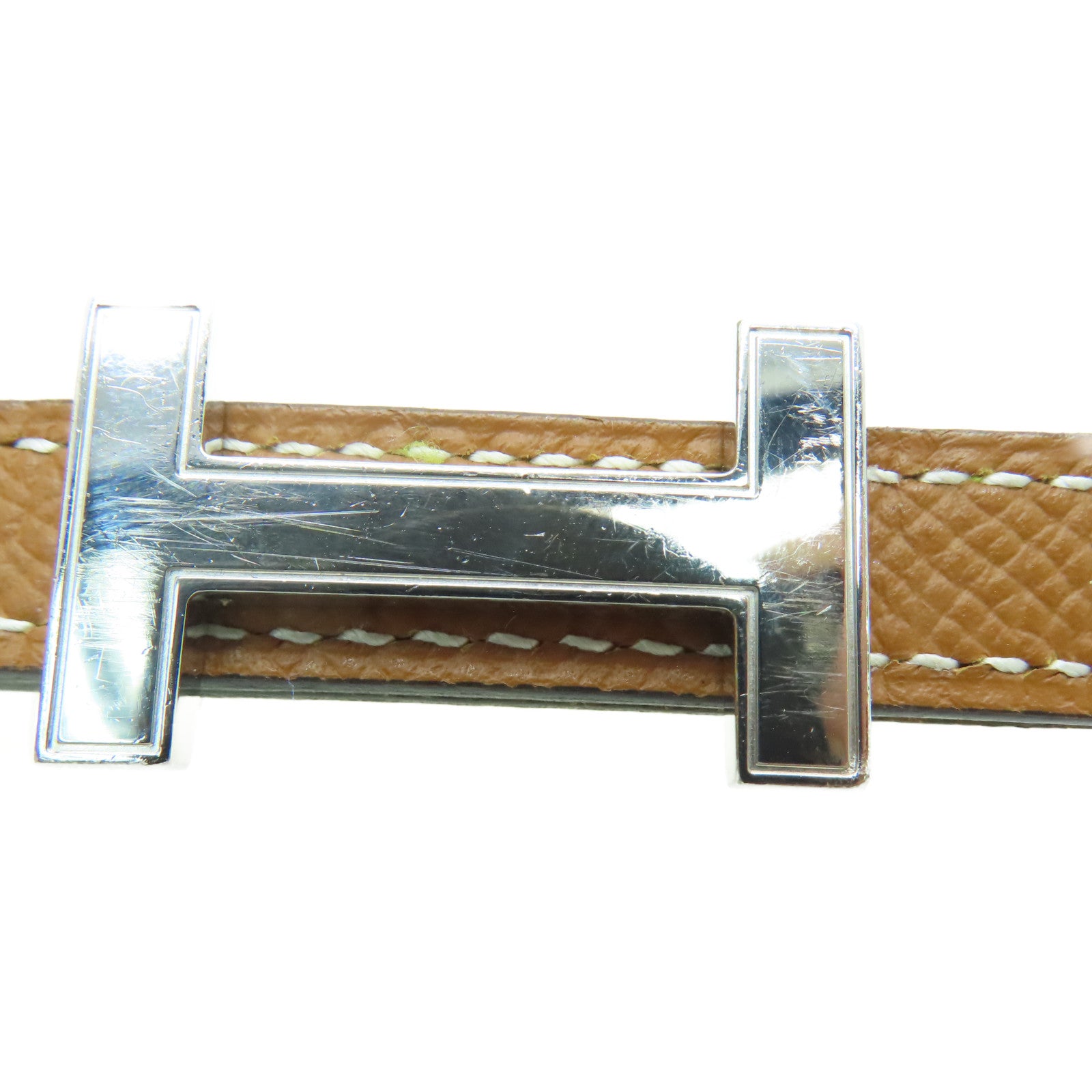 HERMES [Sharp Discount] Epsom Leather 85cm Silver Buckle Belt Silver Buckle Brown Yellow