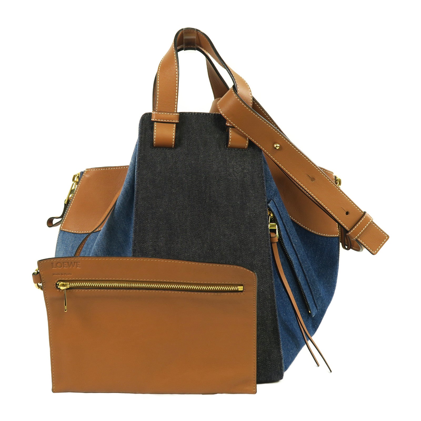LOEWE 牛仔布Hammock Small金扣手挽肩背兩用袋藍色/啡色