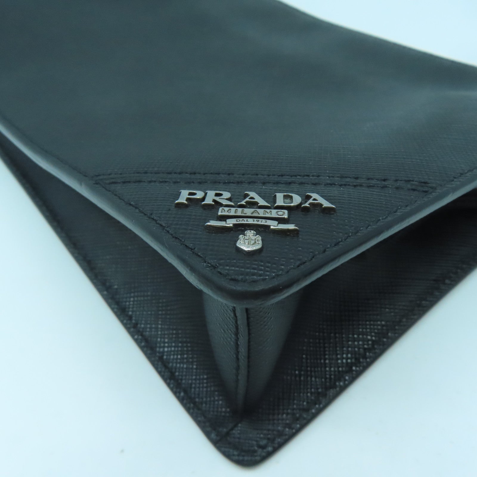 PRADA Cowhide Leather Clutch Bag Silver Buckle Clutch Black