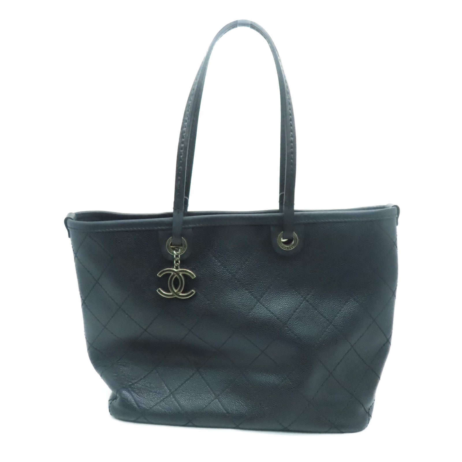 CHANEL Rhombus Caviar Leather Shoulder Bag Silver Buckle Shoulder Bag Black