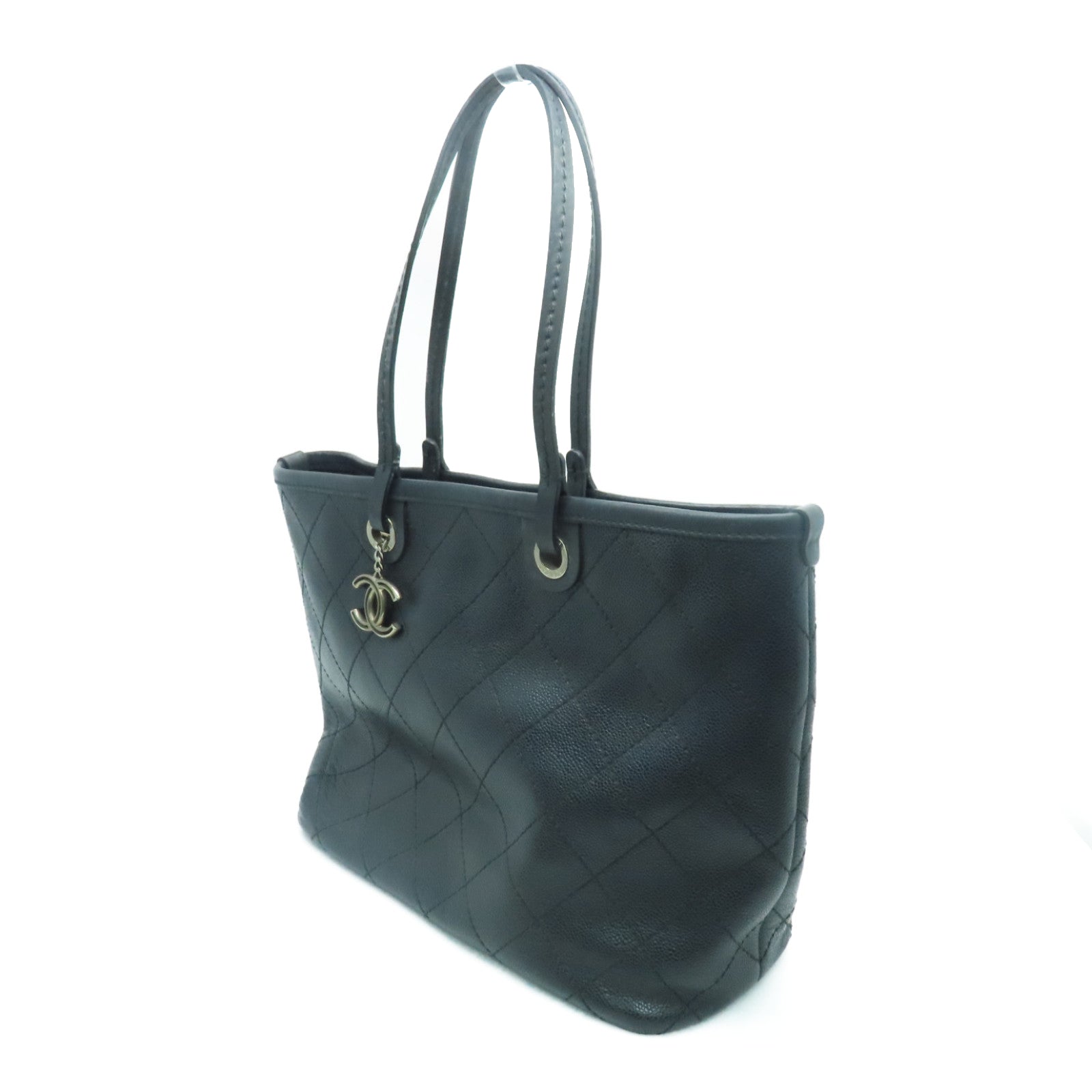 CHANEL Rhombus Caviar Leather Shoulder Bag Silver Buckle Shoulder Bag Black