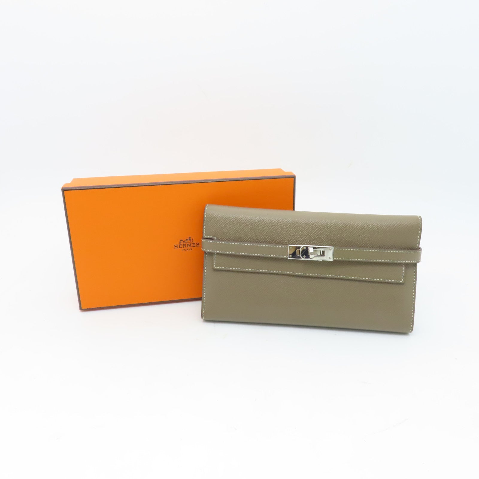 HERMES Epsom皮革Kelly Long Wallet銀扣長錢包灰色