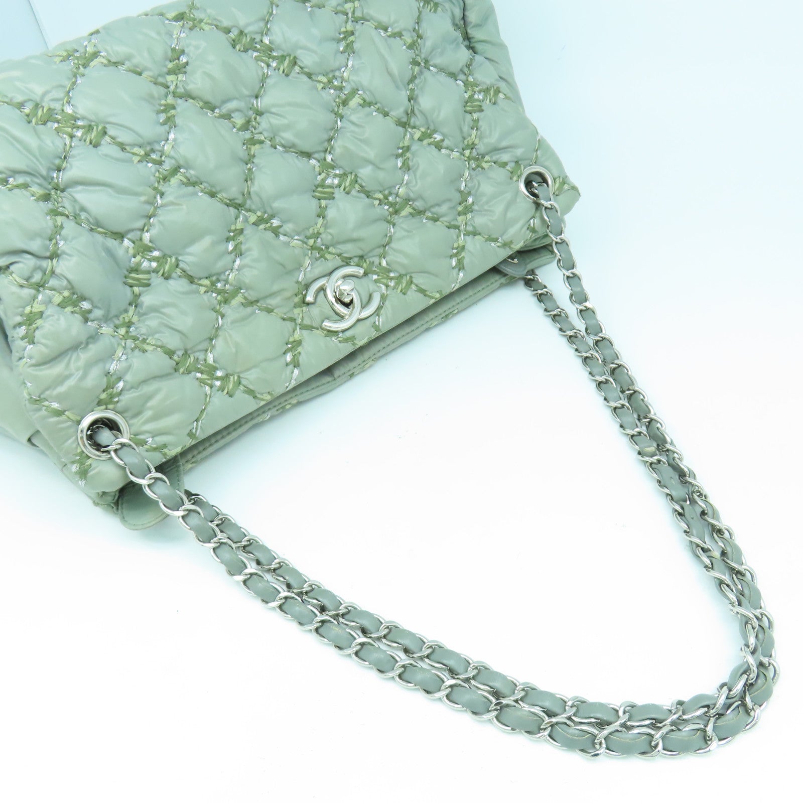 CHANEL 菱格尼龍Chain Shoulder Bag銀扣鏈帶肩背袋綠色