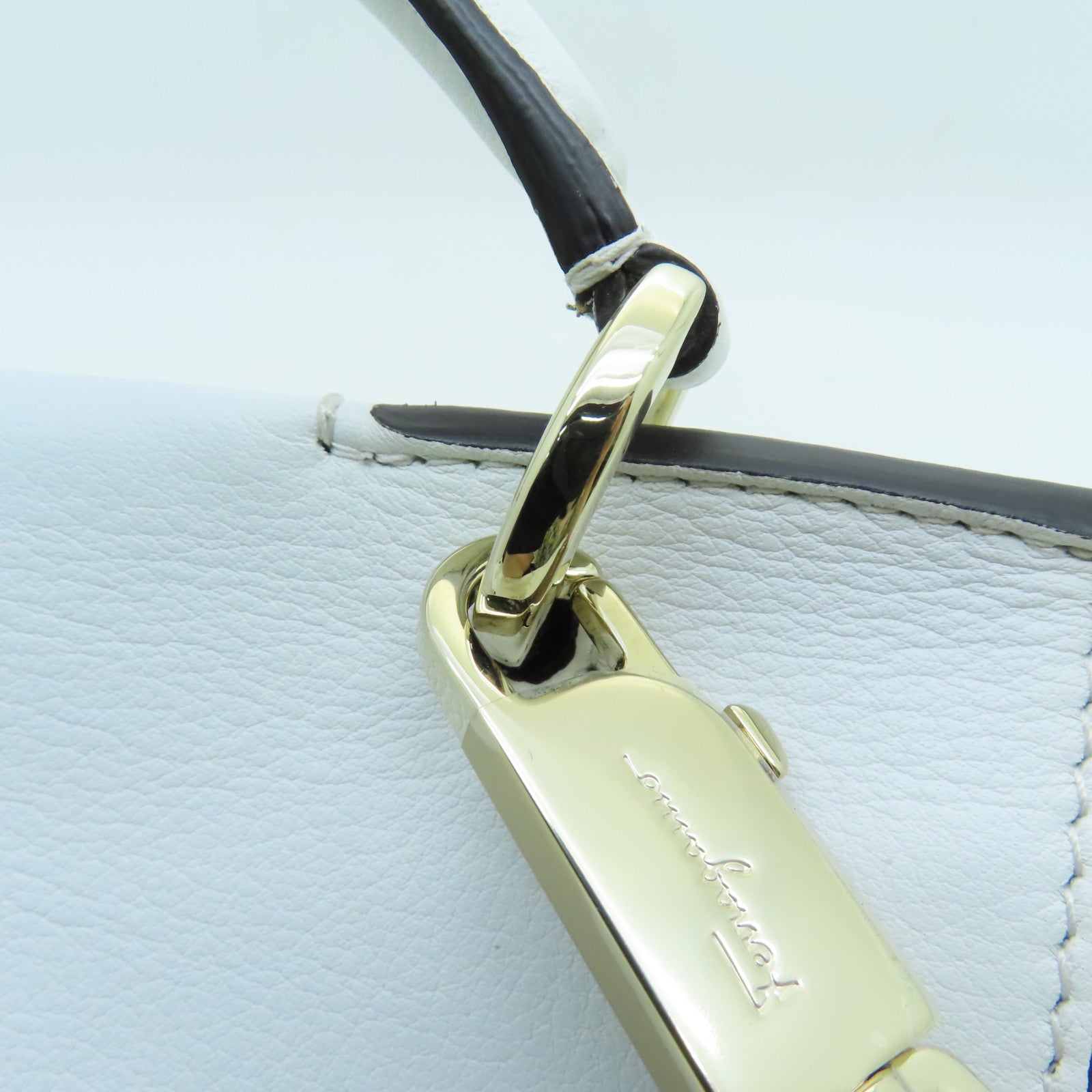 Salvatore Ferragamo Cowhide Leather 2 Way Shoulder Gold Buckle Handle Shoulder Bag Brown/White