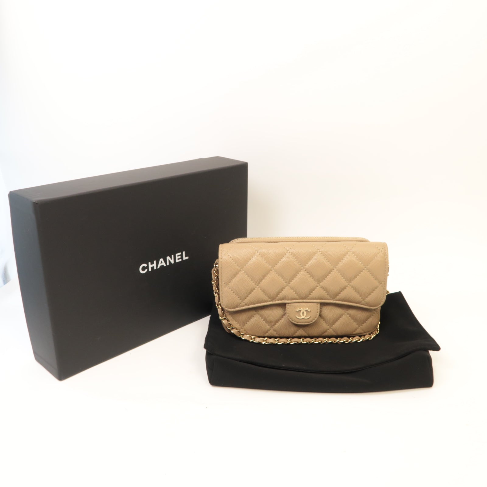 CHANEL 菱格Caviar皮革Chain Shoulder金扣鏈帶肩背袋米色