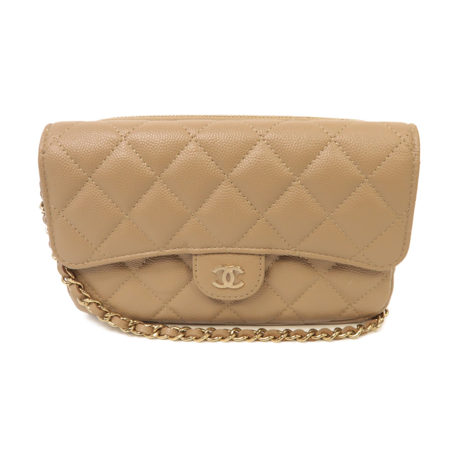 CHANEL 菱格Caviar皮革Chain Shoulder金扣鏈帶肩背袋米色
