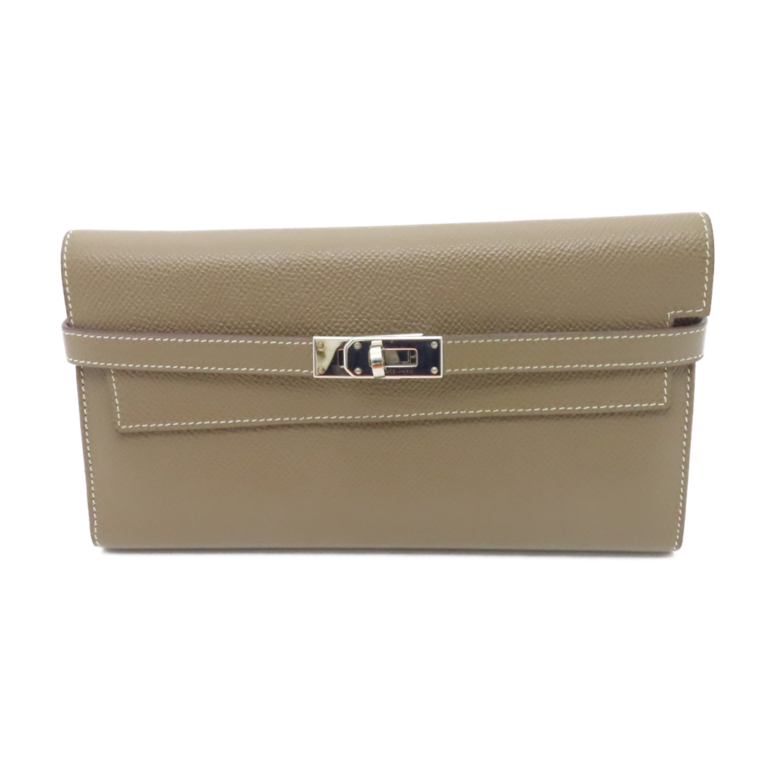 HERMES Epsom皮革Kelly Long Wallet銀扣長錢包灰色