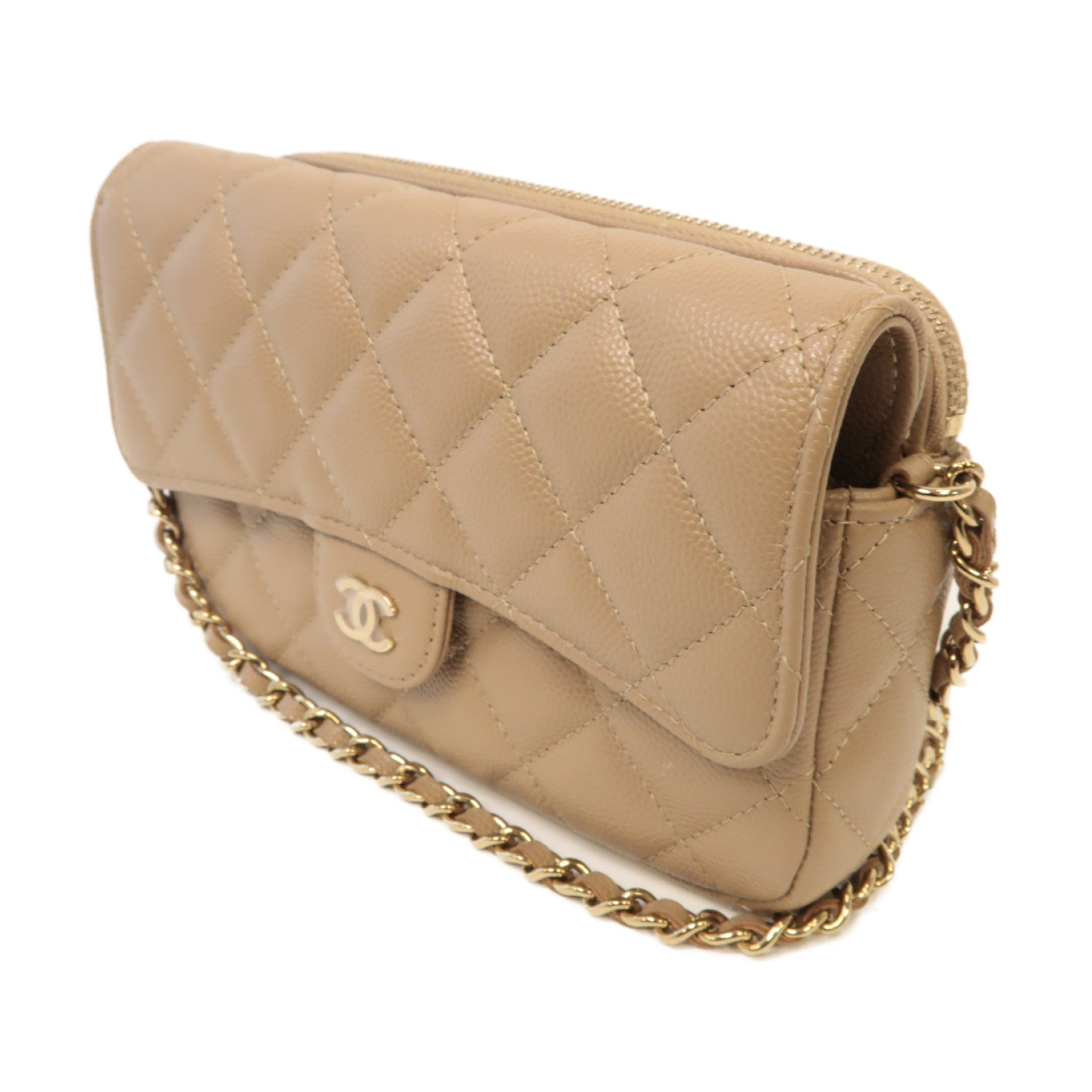 CHANEL 菱格Caviar皮革Chain Shoulder金扣鏈帶肩背袋米色