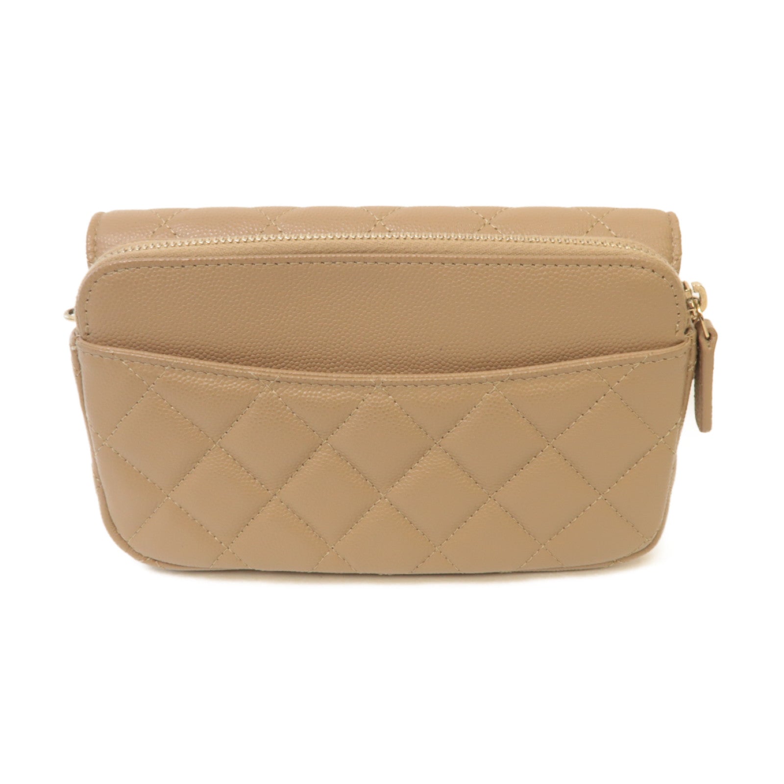 CHANEL 菱格Caviar皮革Chain Shoulder金扣鏈帶肩背袋米色