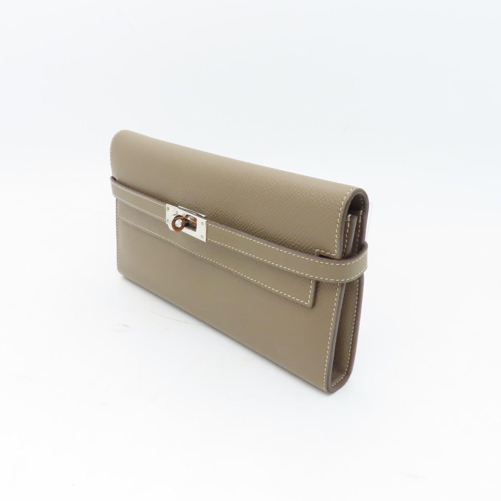 HERMES Epsom皮革Kelly Long Wallet銀扣長錢包灰色