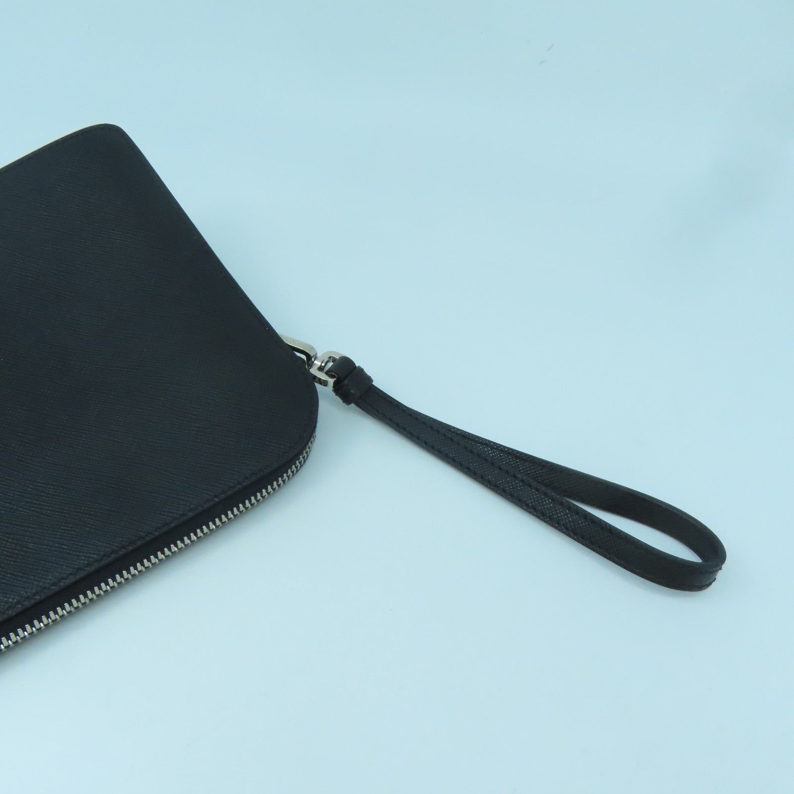 PRADA Cowhide Leather Clutch Bag Silver Buckle Clutch Black
