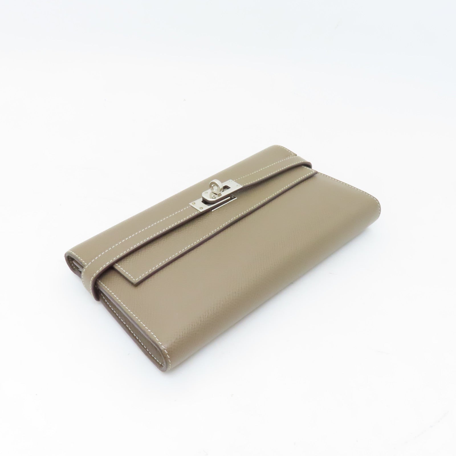 HERMES Epsom皮革Kelly Long Wallet銀扣長錢包灰色