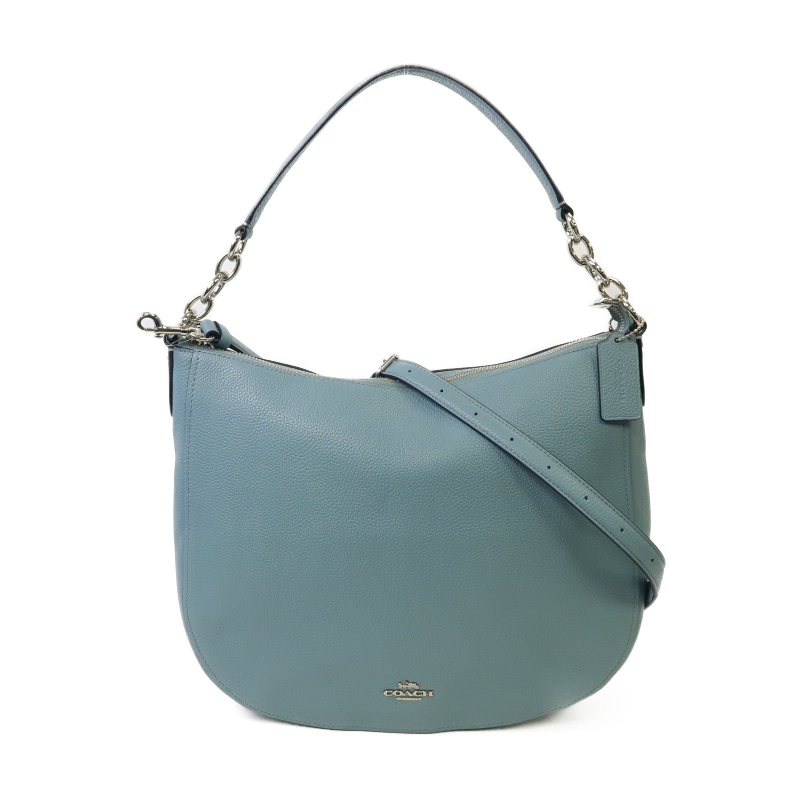 COACH 牛皮皮革2way Shoulder Bag銀扣手挽肩背兩用袋淺藍色