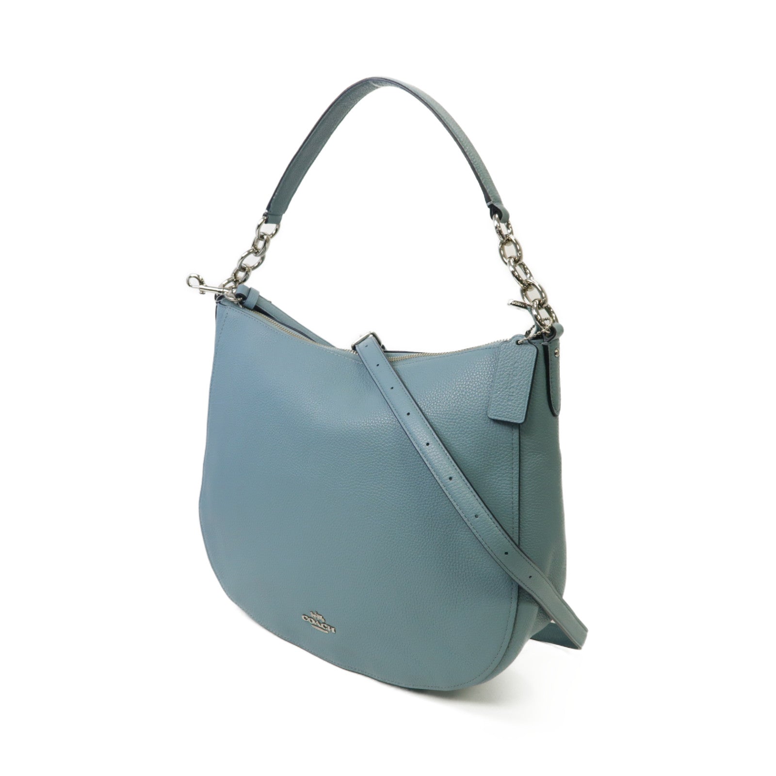 COACH 牛皮皮革2way Shoulder Bag銀扣手挽肩背兩用袋淺藍色