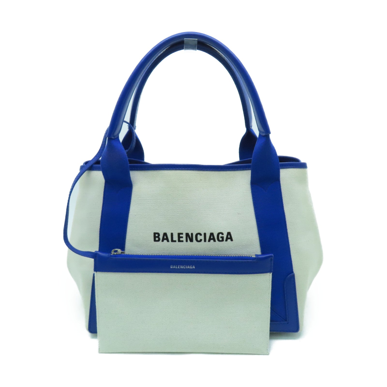 BALENCIAGA Canvas Cabes Canves Silver Button Handle Bag Blue/White