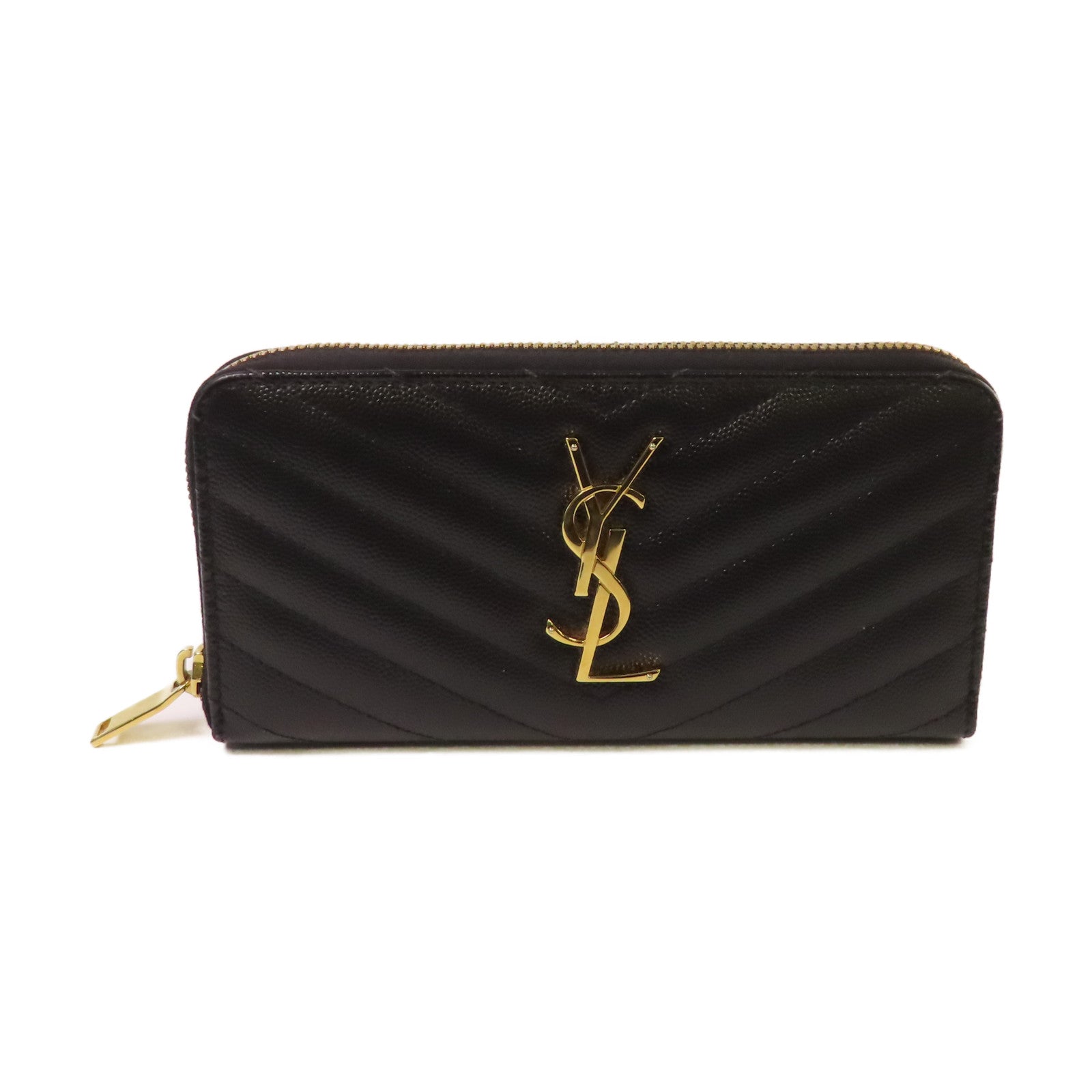 SAINT LAURENT 斜紋牛皮皮革Long Wallet金扣拉鏈長錢包黑色