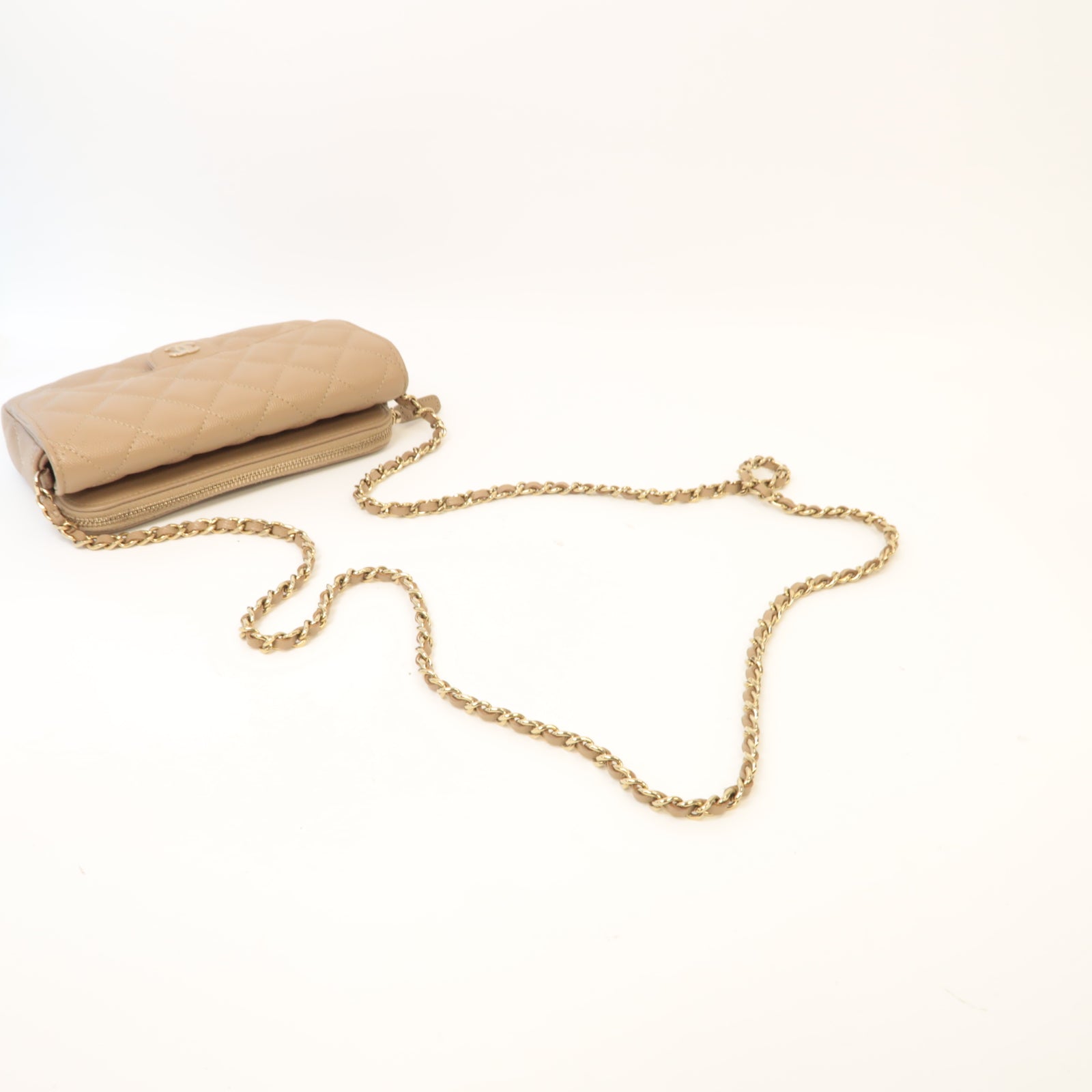 CHANEL 菱格Caviar皮革Chain Shoulder金扣鏈帶肩背袋米色