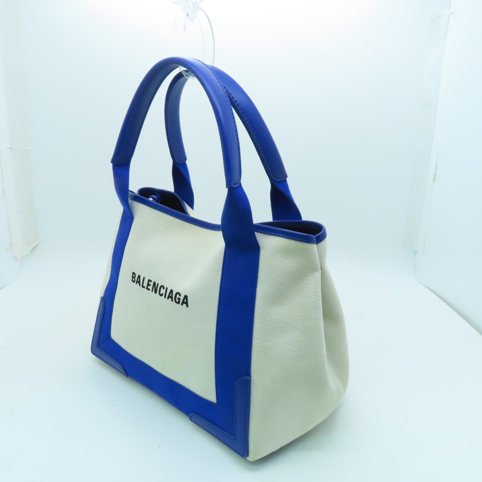 BALENCIAGA Canvas Cabes Canves Silver Button Handle Bag Blue/White