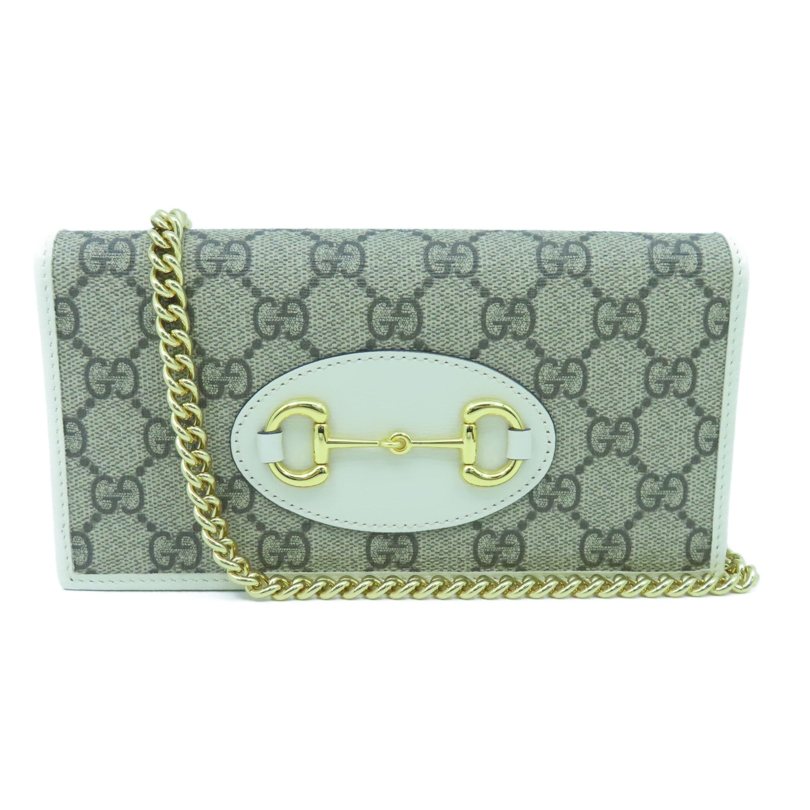GUCCI 涂层皮革Horsebit 1955 GG Wallet On Chain金扣链带肩背袋白色