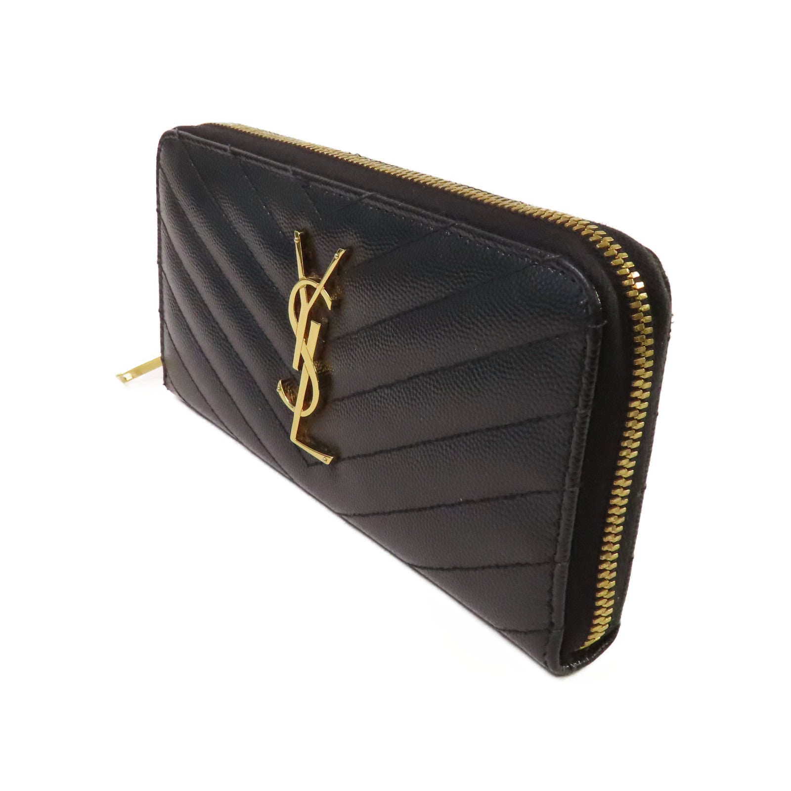 SAINT LAURENT 斜紋牛皮皮革Long Wallet金扣拉鏈長錢包黑色