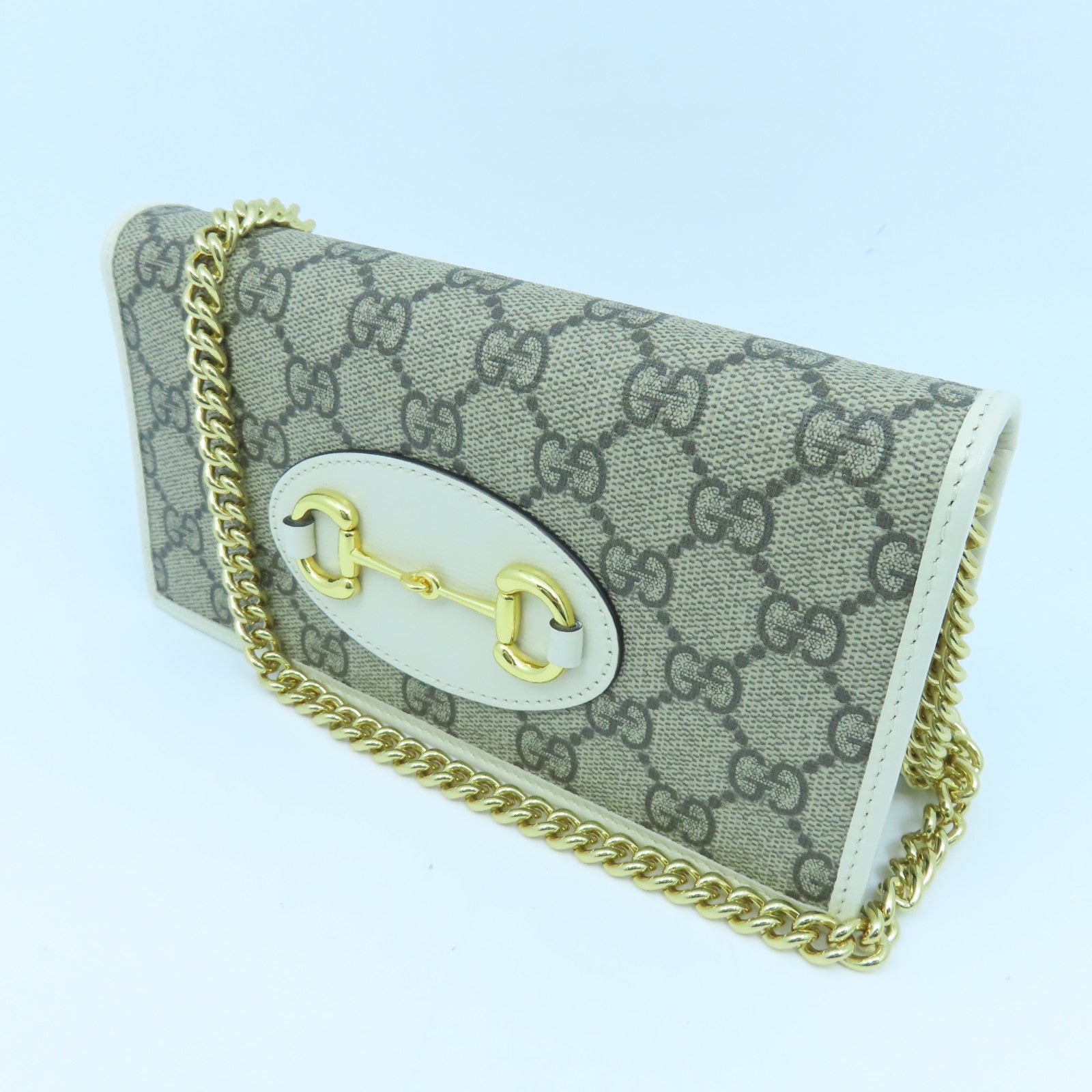 GUCCI 涂层皮革Horsebit 1955 GG Wallet On Chain金扣链带肩背袋白色